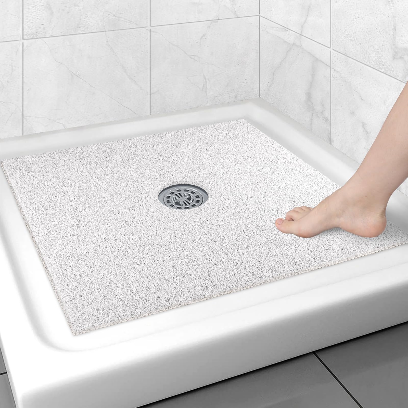 Square Shower Mat Non Slip: 27X27 Inch Extra Large Shower Floor Mat With Drain Hole In Middle - Soft Pvc Loofah Bath Mat For Sho