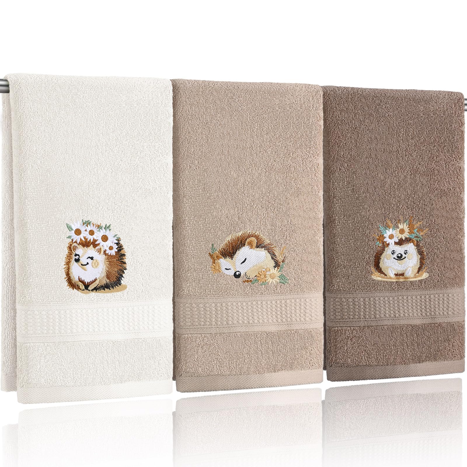 Hillsuren 3 Pcs Hedgehog Floral Hand Towels Bathroom Decor Cute Hedgehog Gifts Decorative Farmhouse 100% Cotton Embroidered Hand