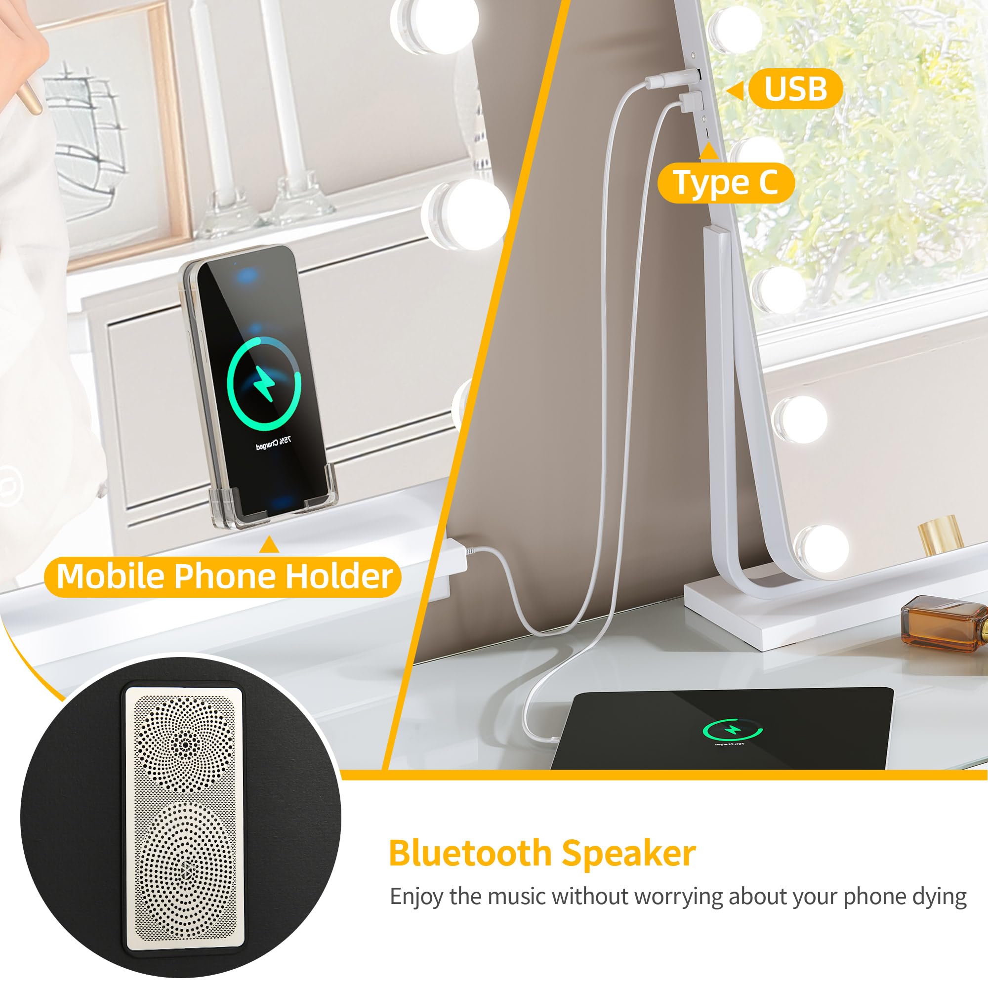Yitahome Vanity Mirror With Lights And Bluetooth Speaker & Wireless Charger, 28''X22'' Led Makeup Mirror, Lighted Makeup Mirror