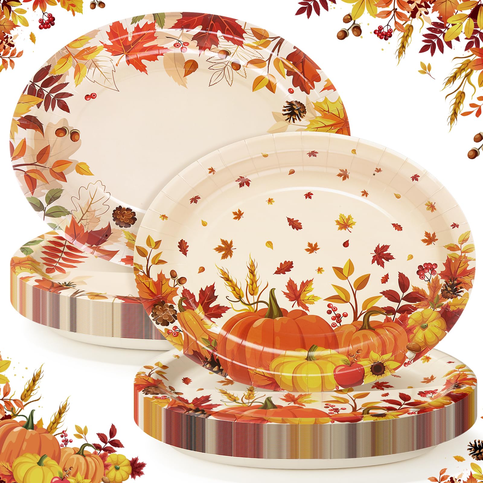 SUMMORO 50 Pcs Thanksgiving Oval Paper Plates 10x12 Large Disposable Fall Party Plates Heavy Duty Autumn Maple Pumpkin Disposabl