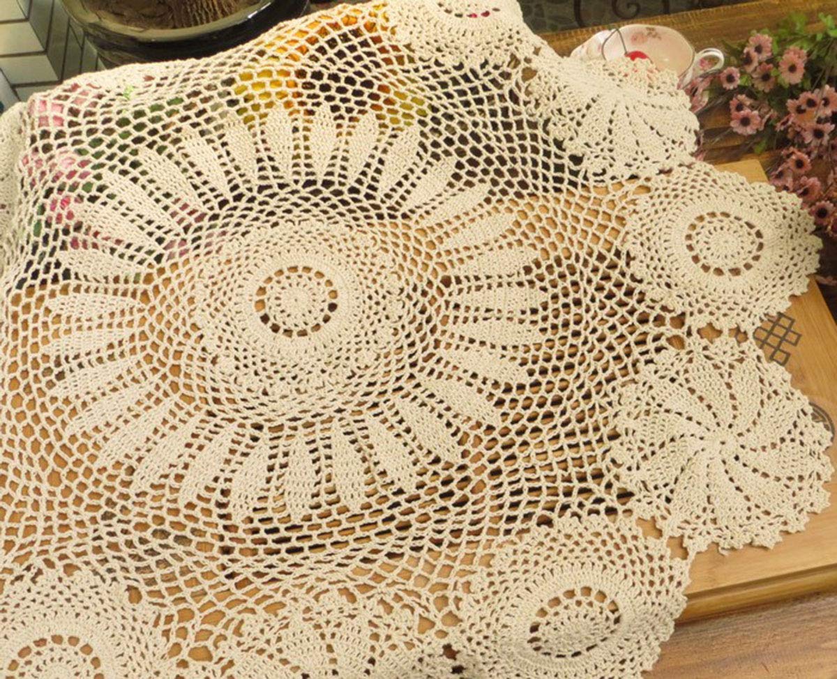 Hetao 100% Cotton Handmade Crochet Round Tablecloth Doilies Lace Table Covers,Beige, 27 Inch