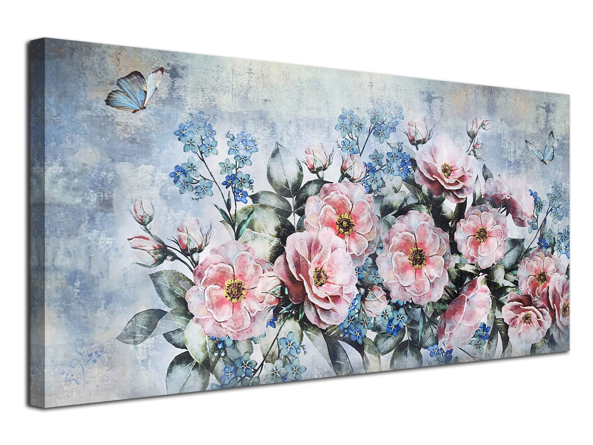 Acocifi Flowers Canvas Wall Art Abstract Peony Landscape Painting, Pink Florals And Butterfly Picture Print Textured Artwork Fra