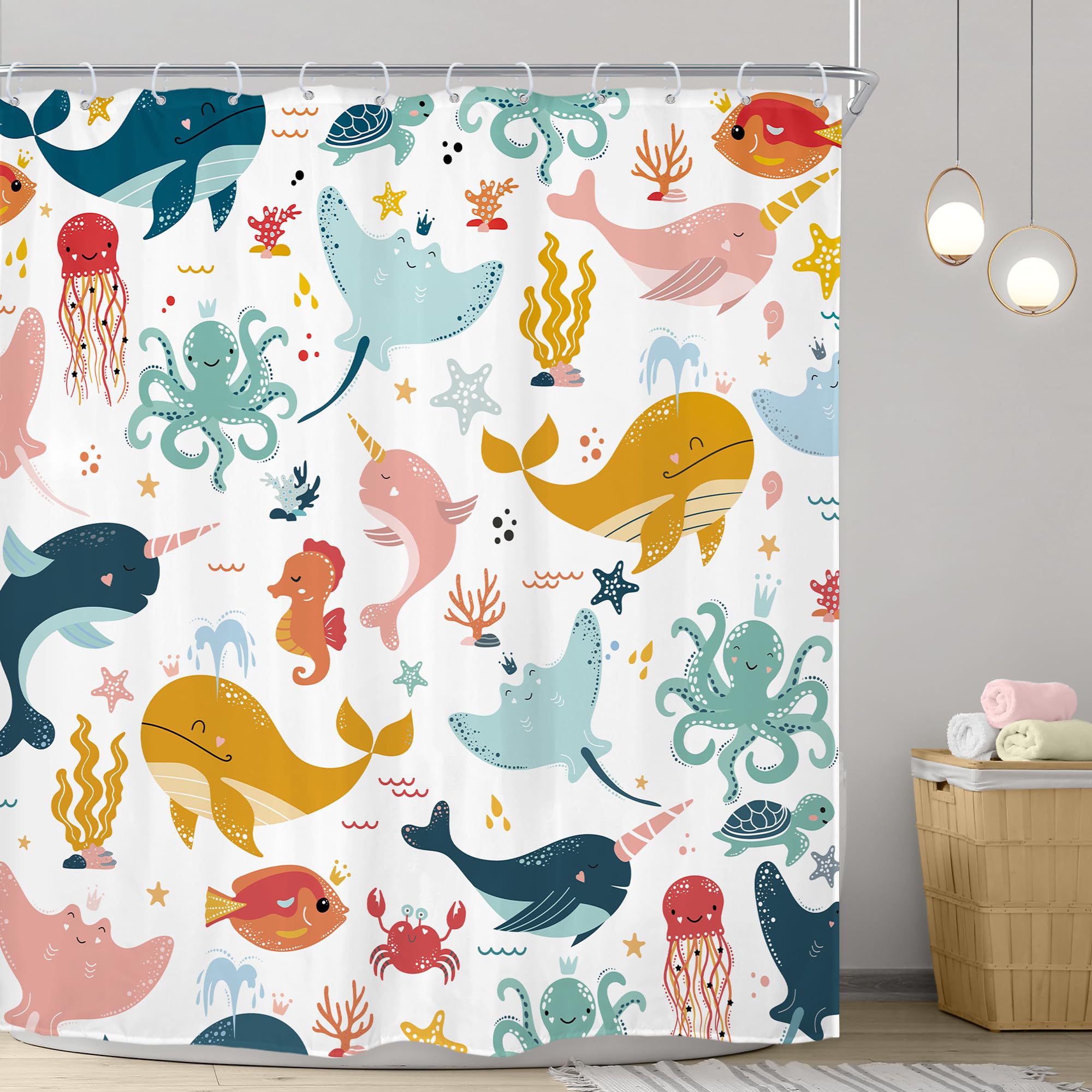 Riyidecor Funny Whale Kids Shower Curtain 72Wx72H Inch Cartoon Dolphin Curtains Cute Marine Animal Ocean Fish Underwater Sealife
