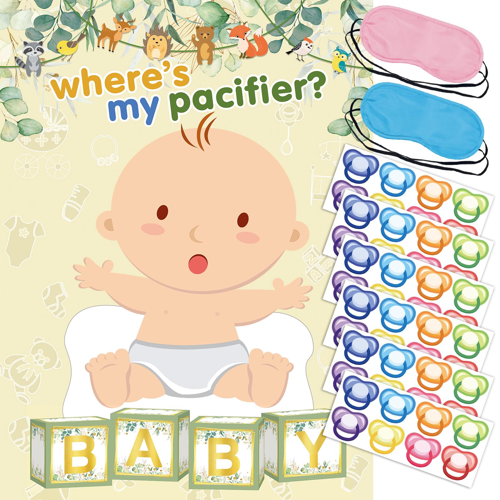 Pin The Pacifier On The Baby Game With 48 Pcs Pacifier Stickers For Kids Girls Birthday 21'' X 28'' (Baby Shower)