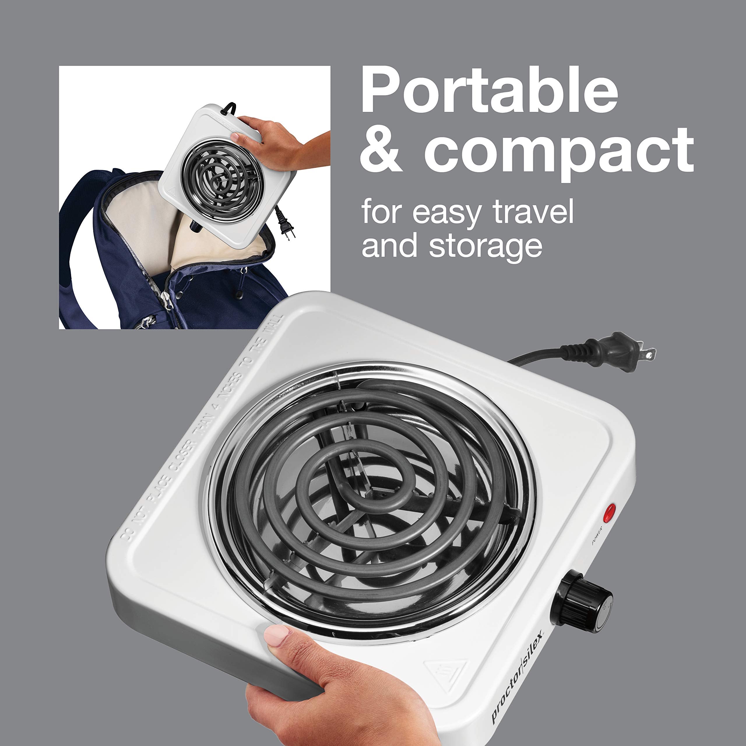 Proctor Silex Single Burner Electric Stove, 1200 Watts, Compact & Portable, Stainless Steel & White, Model 34106