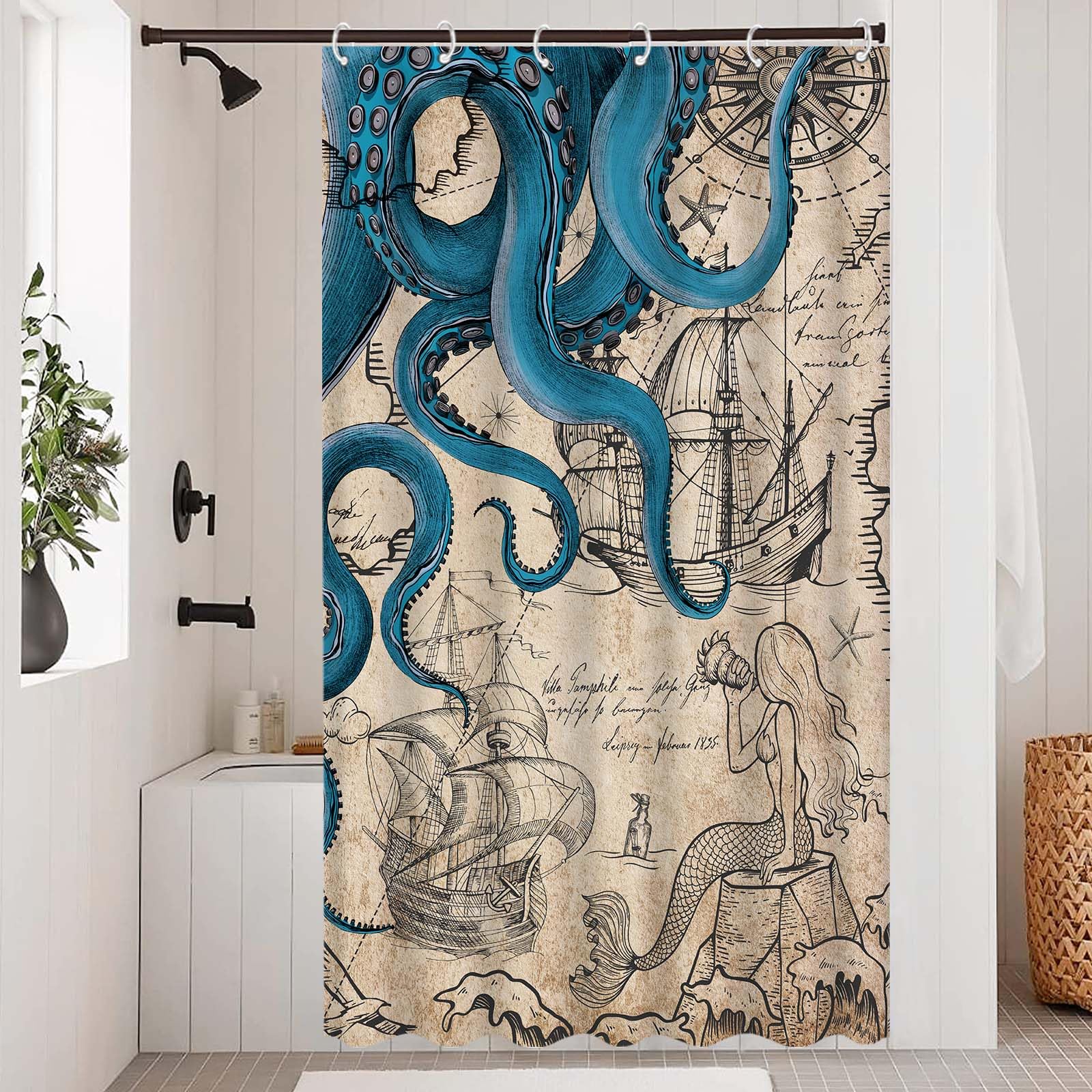 Fungarth Stall Vintage Nautical Octopus Shower Curtain Navy Blue Mermaid Funny Ocean Kraken Shower Curtains For Bathroom Cool An