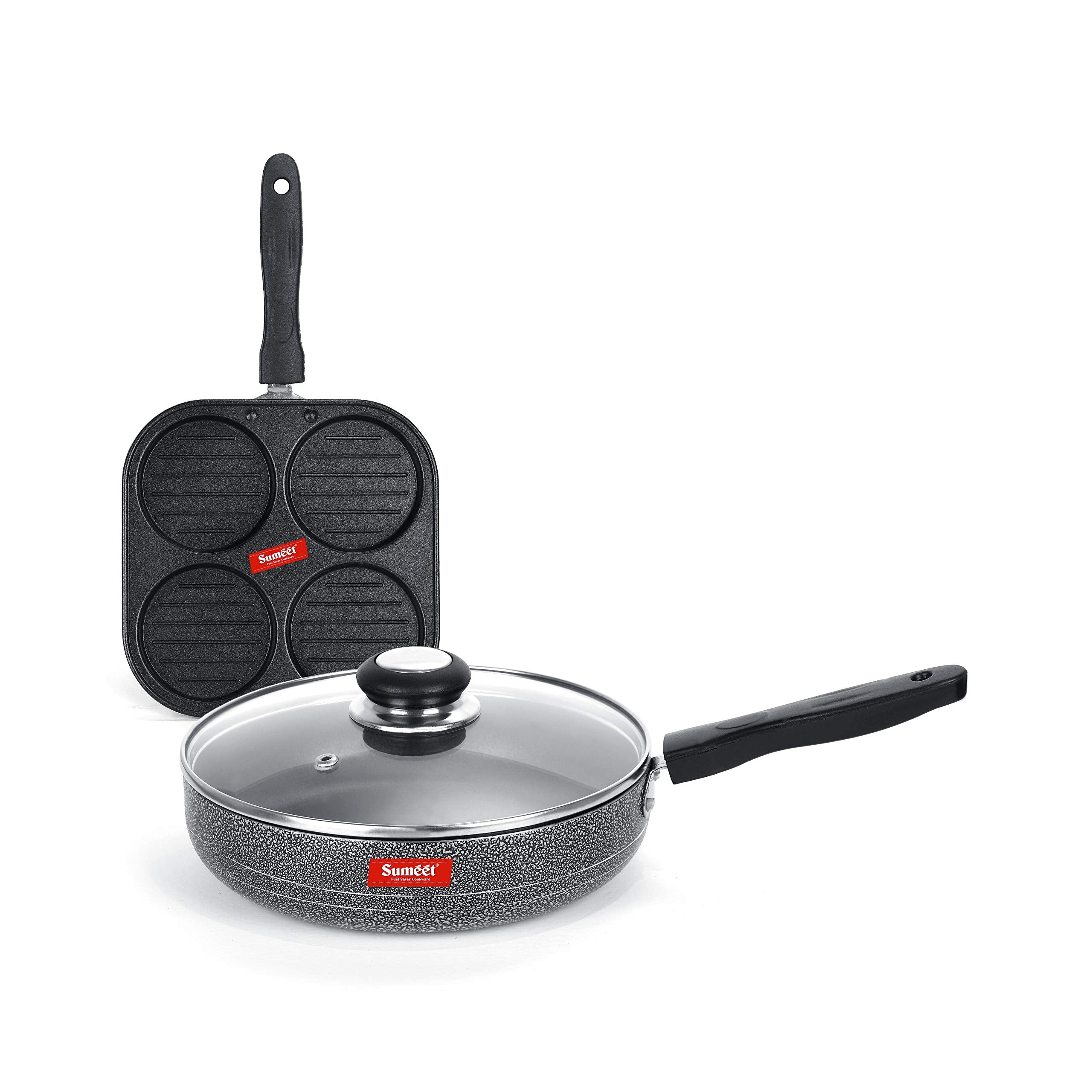 Sumeet Nonstick Silfur Cookware Set (Frypan With Glass Lid  1.5Ltr  22Cm Dia + Mini Multi Snack Maker  4 Cavity 19.5Cm)