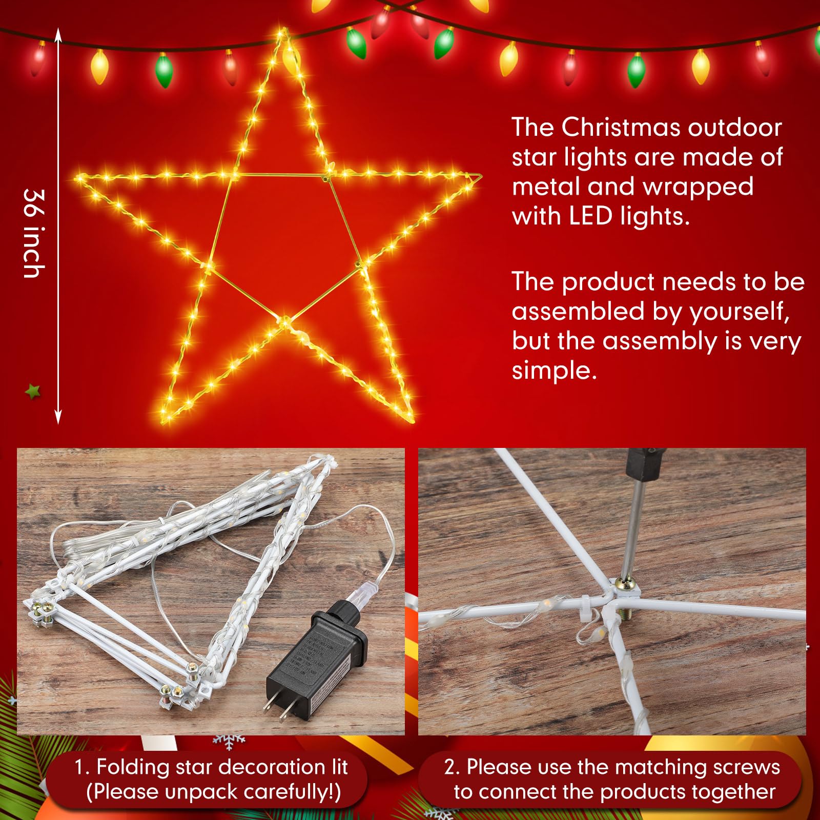 Retisee 32 Inch Large Lighted Christmas Star Warm White LED Xmas Outdoor Light up Star Motif for The Top Wall Hanging Christmas