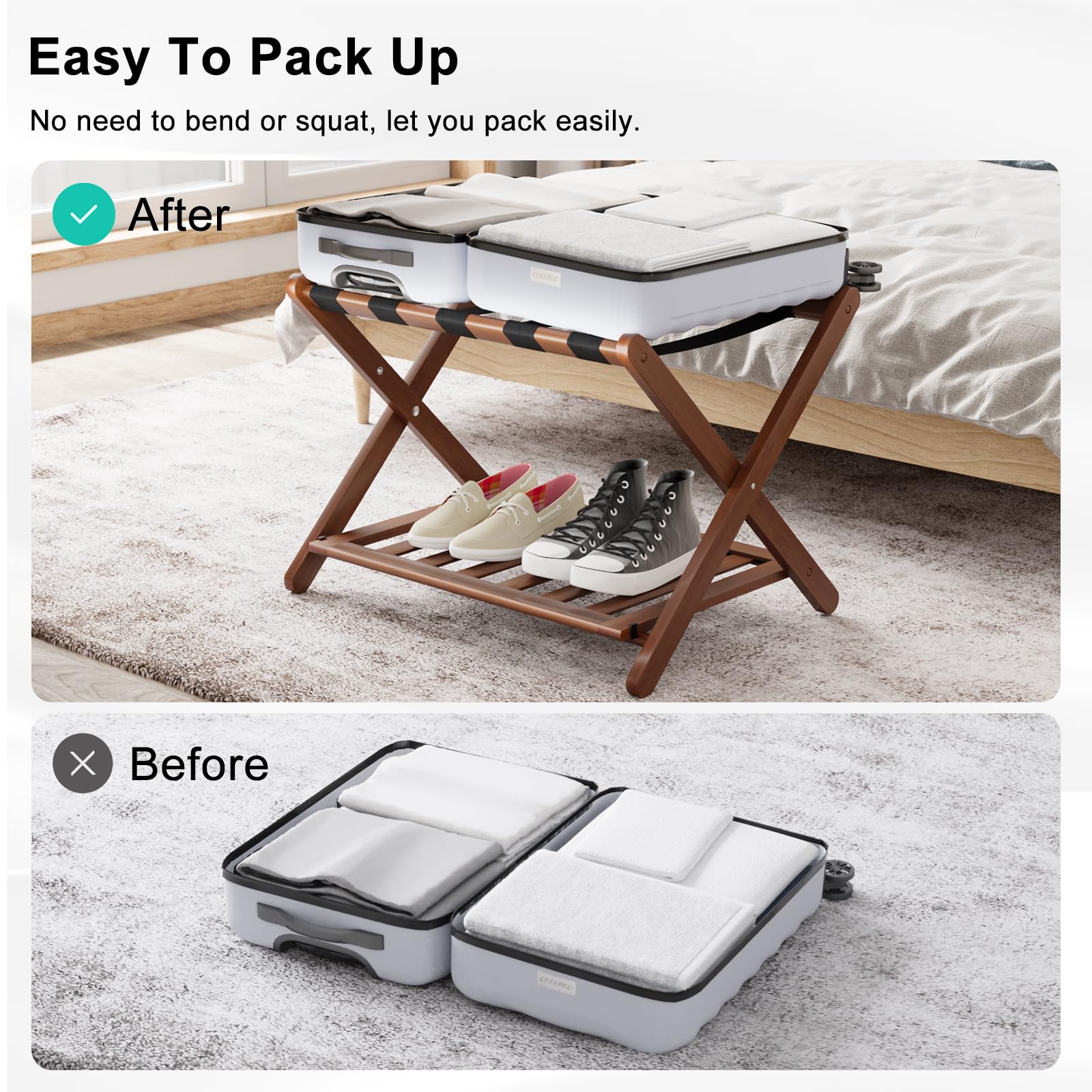 Smuxee Fully Assembled Walnut Luggage Rack, Upgraded Bamboo Foldable Suitcase Stand With 5 Nylon Straps, Luggage Holder With She