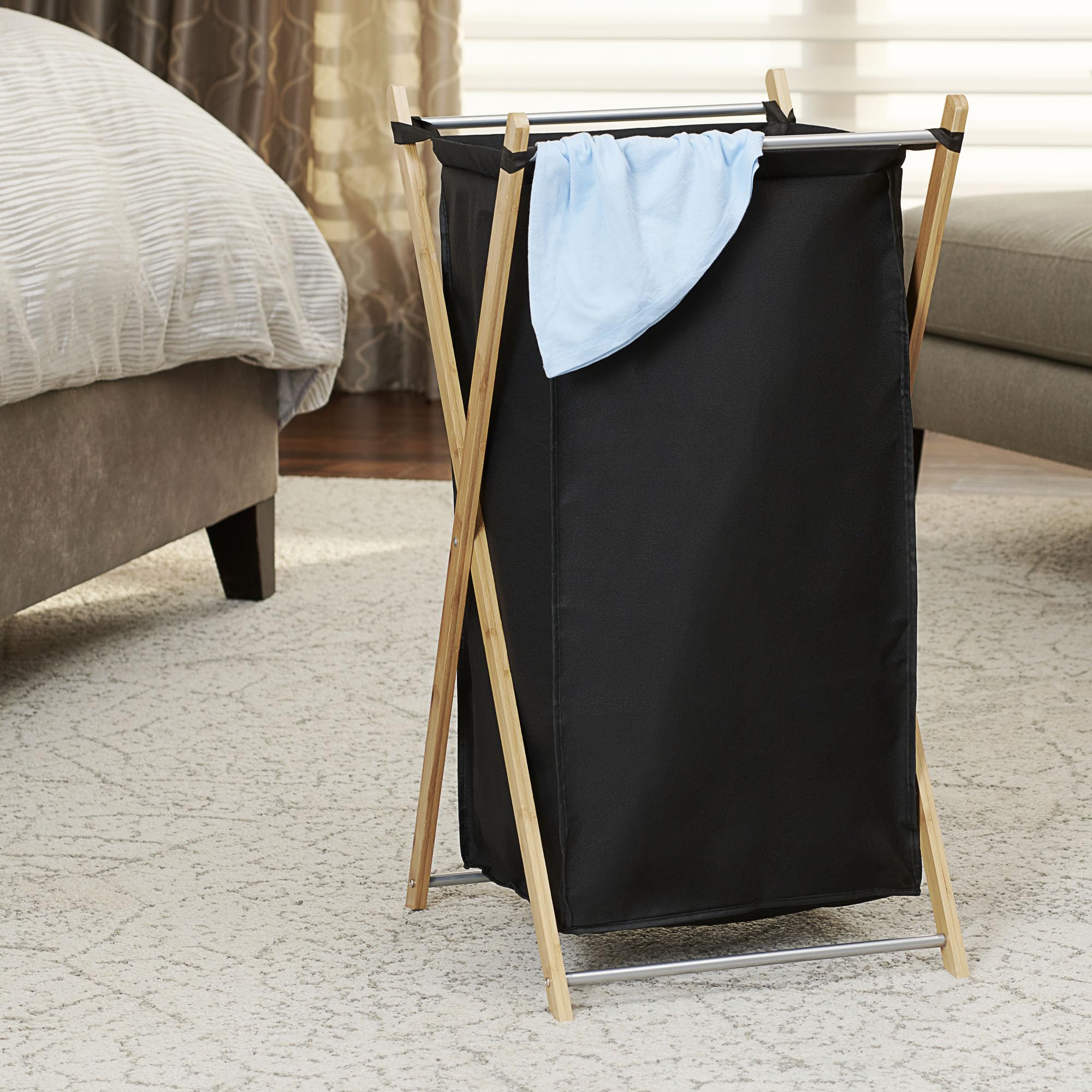 Household Essentials X-Frame Bamboo Laundry, Collapsible Wood Frame With Washable Poly-Cotton Bags