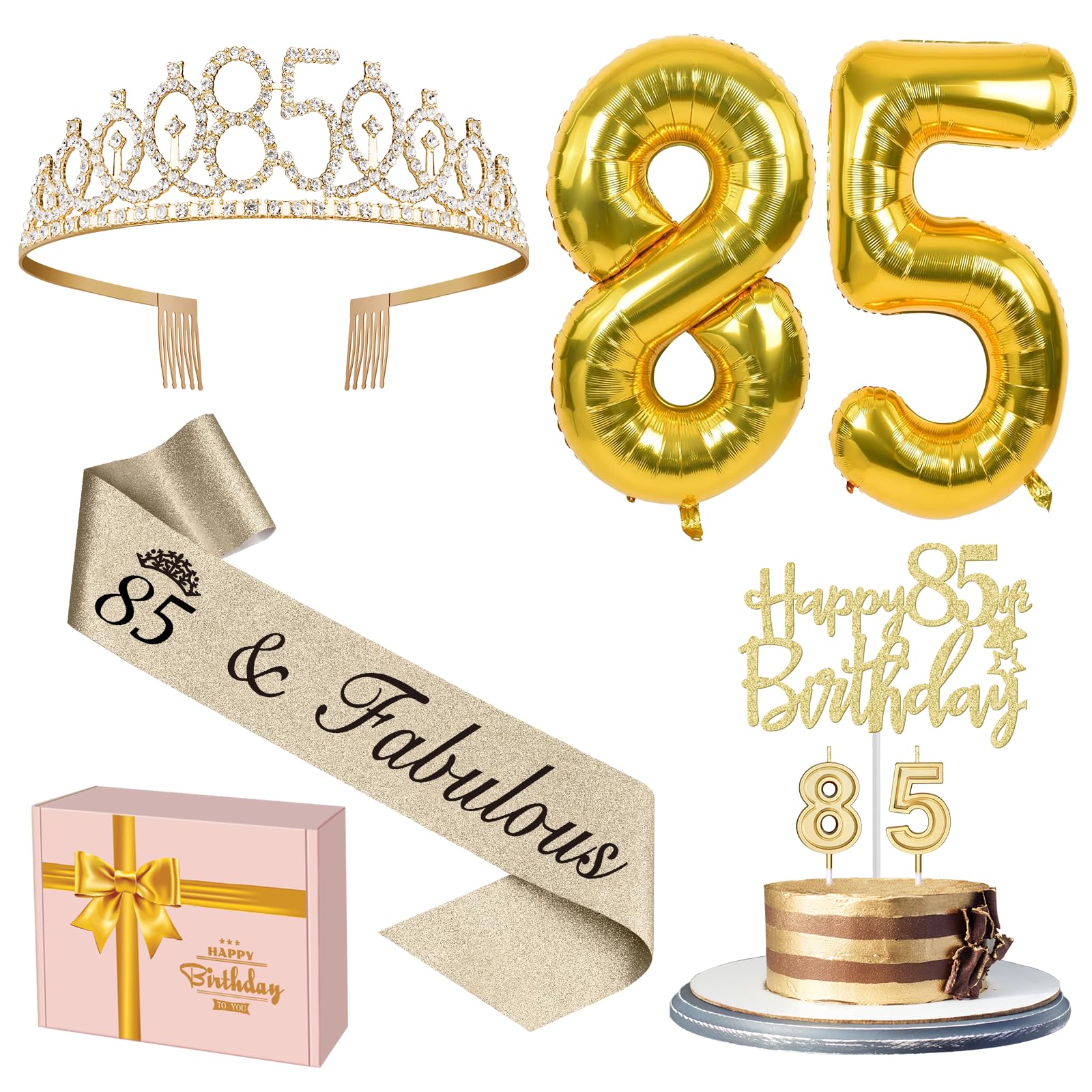 85Th Birthday Decorations For Women Gold With 85Th Birthday Sash And Tiara, 85Th Birthday Cake Topper And Birthday 85 Candles, B