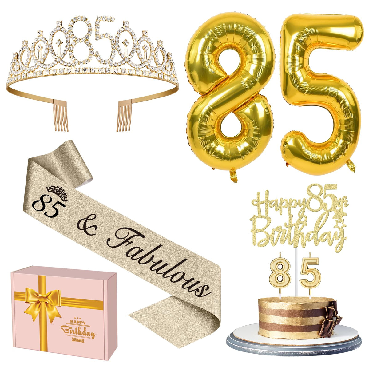 85Th Birthday Decorations For Women Gold With 85Th Birthday Sash And Tiara, 85Th Birthday Cake Topper And Birthday 85 Candles, B