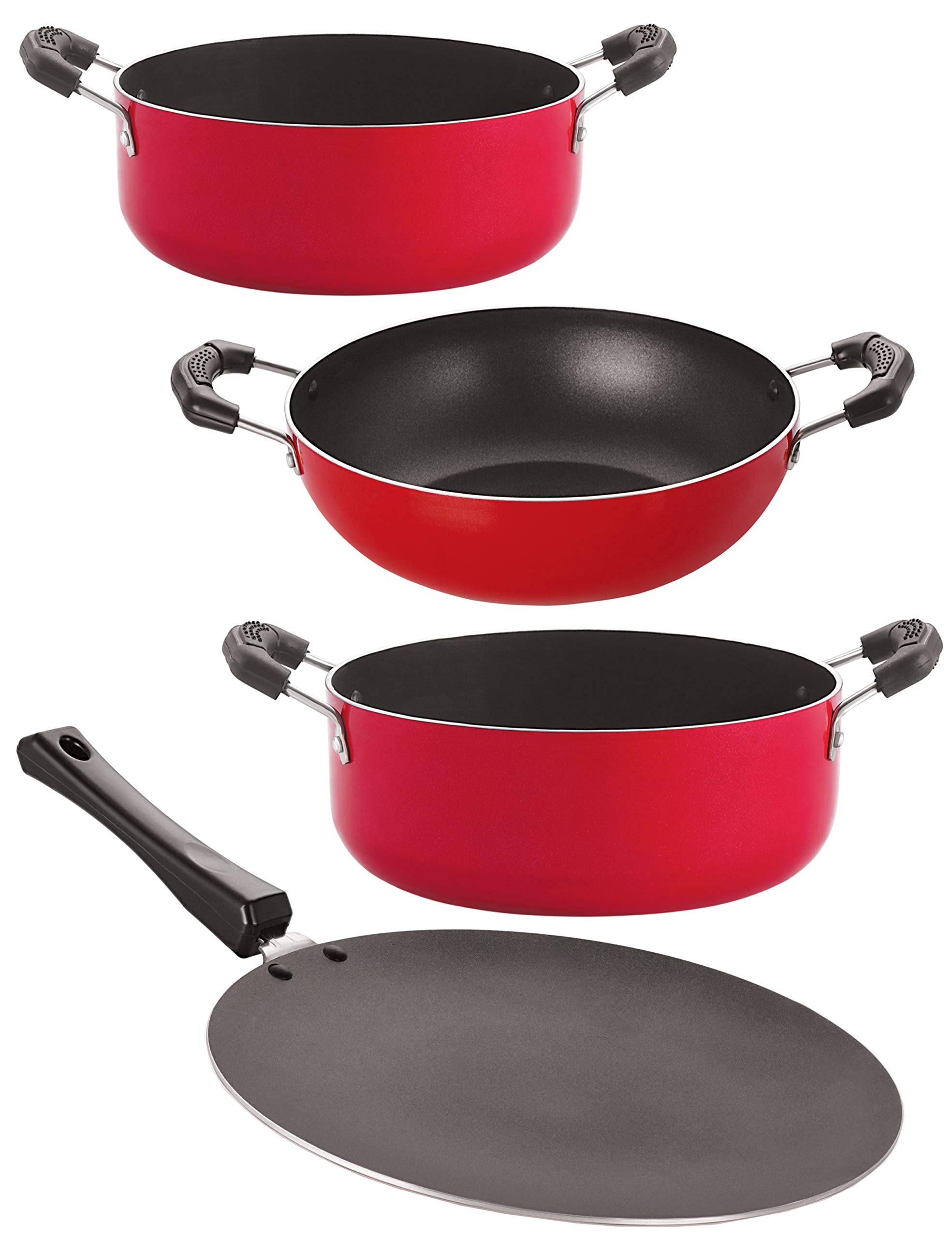 Nirlon Nonstick Pfoa Free Gas Compatible Cookware Utensil Item 4 Pieces Set With Supreme Quality (1 Concave Tawa 27.5Cm /1 Kadha