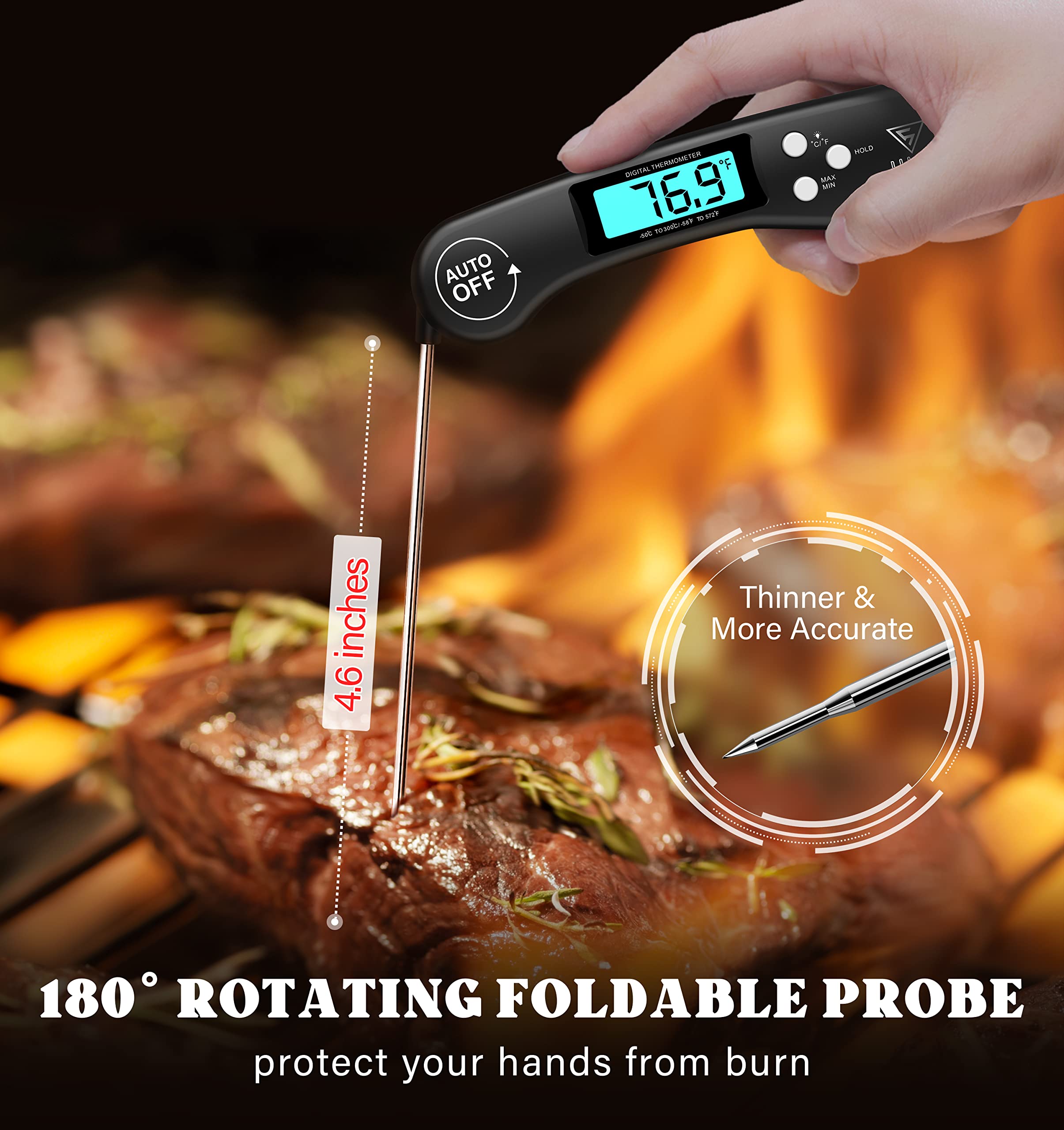 Doqaus Digital Meat Thermometer, Instant Read Food Thermometer For Cooking, Kitchen Probe With Backlit & Reversible Display, Coo