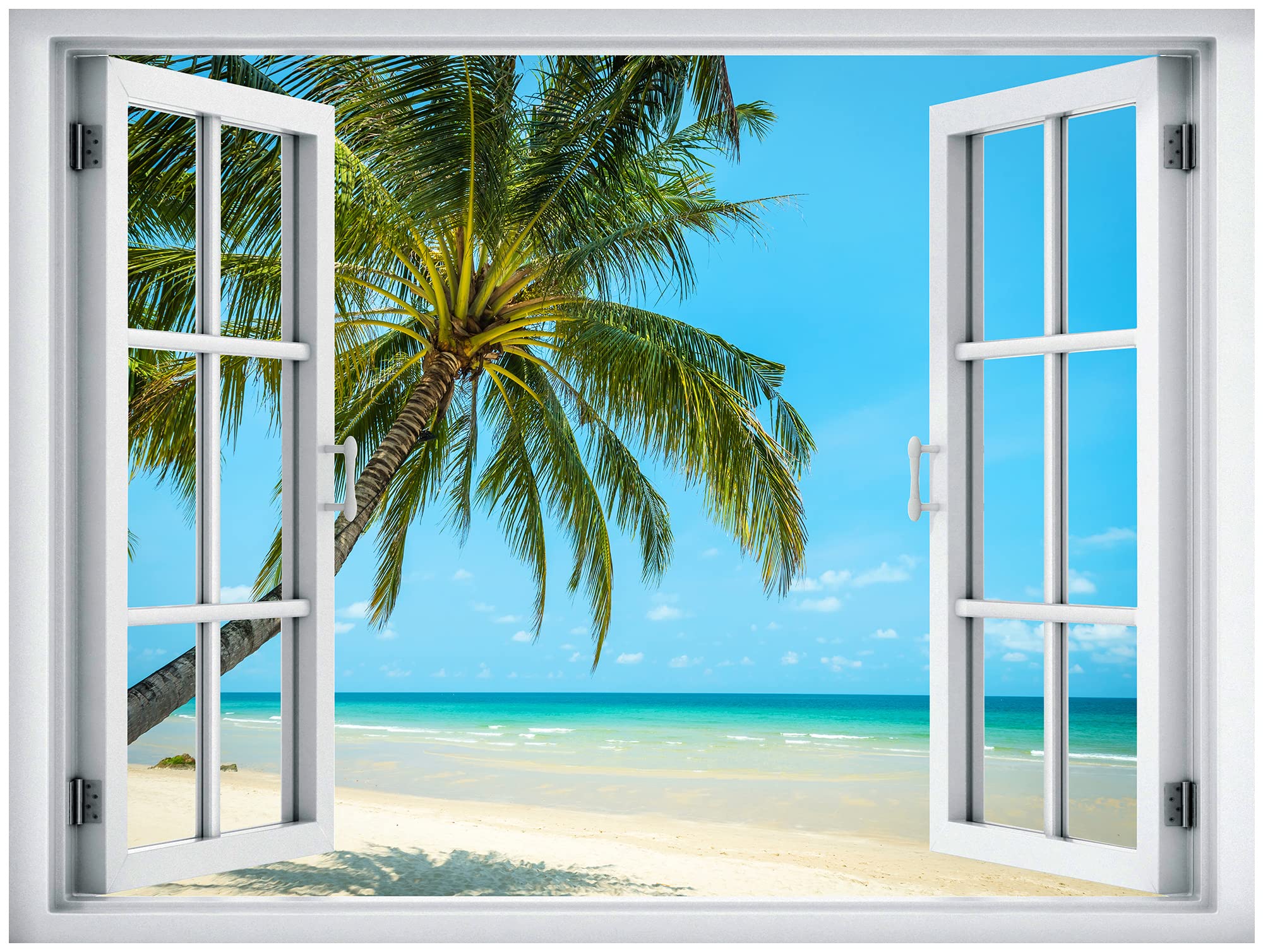 Wall26 Removable Wall Sticker/Wall Mural Window View Tropical Beach Palm Tree Island Paradise Nature Wilderness Photography Real