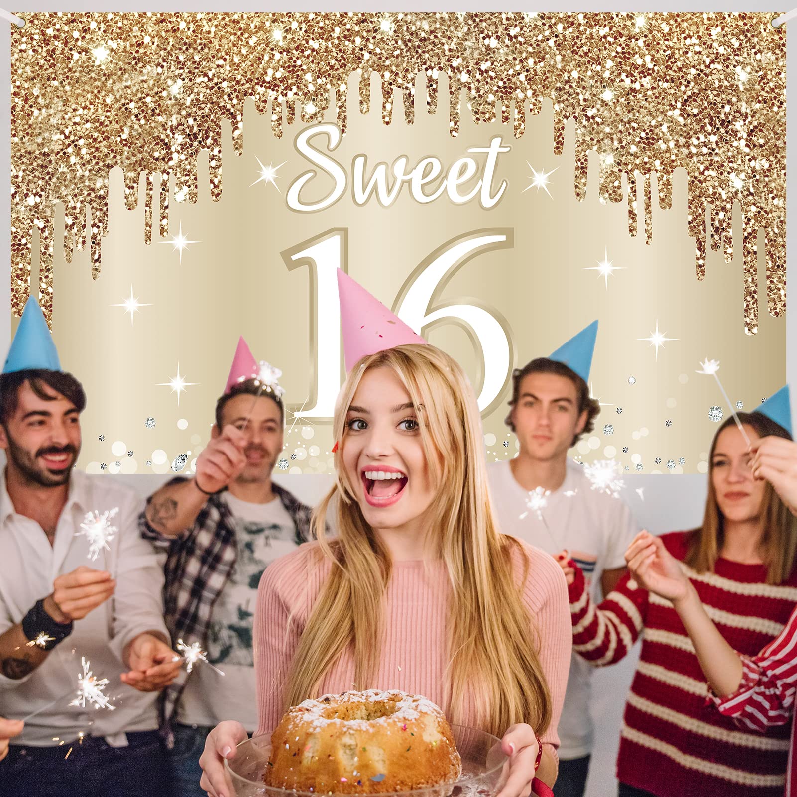 Happy Sweet 16Th Birthday Banner Backdrop Decorations For Girls, Gold White Sweet 16 Birthday Sign Party Supplies, Sixteen Year