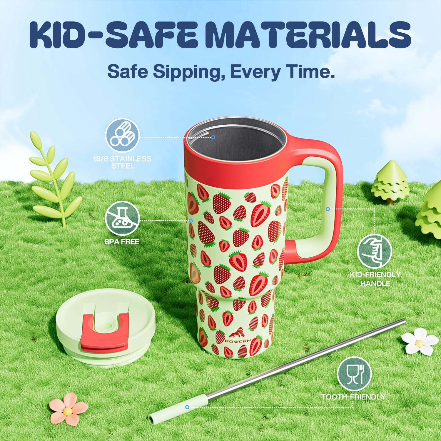 24 oz Metal Tumbler Cup for Girls: Easy Grip Handle, Leak-Proof when Sealed, Easy to Clean, Double Wall Vacuum Cup for Home, Sch