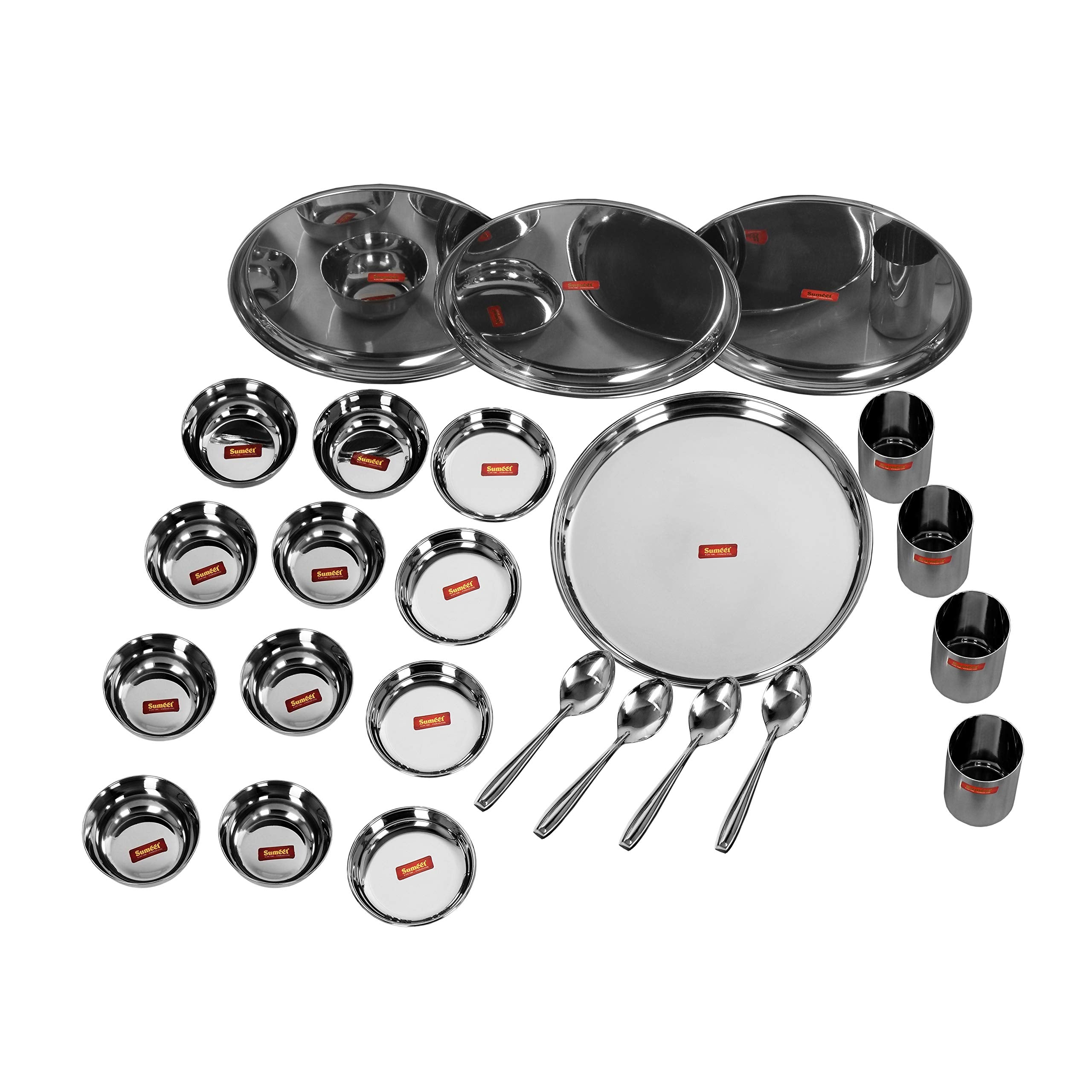Sumeet Stainless Steel Heavy Gauge Mirror Finish Dinner Set Of 24 Pcs (4 Plate, 4 Small/Halwa Plate, 8 Bowl/Wati, 4 Glass, 4 Spo