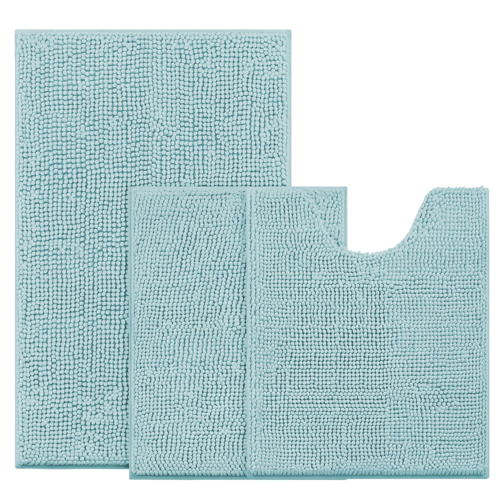 BYSURE Baby Blue Bathroom Rugs Sets 3 Piece Non Slip Extra Absorbent Plush Chenille Soft Washable Bath Rugs and Mats Set (Light Blue)