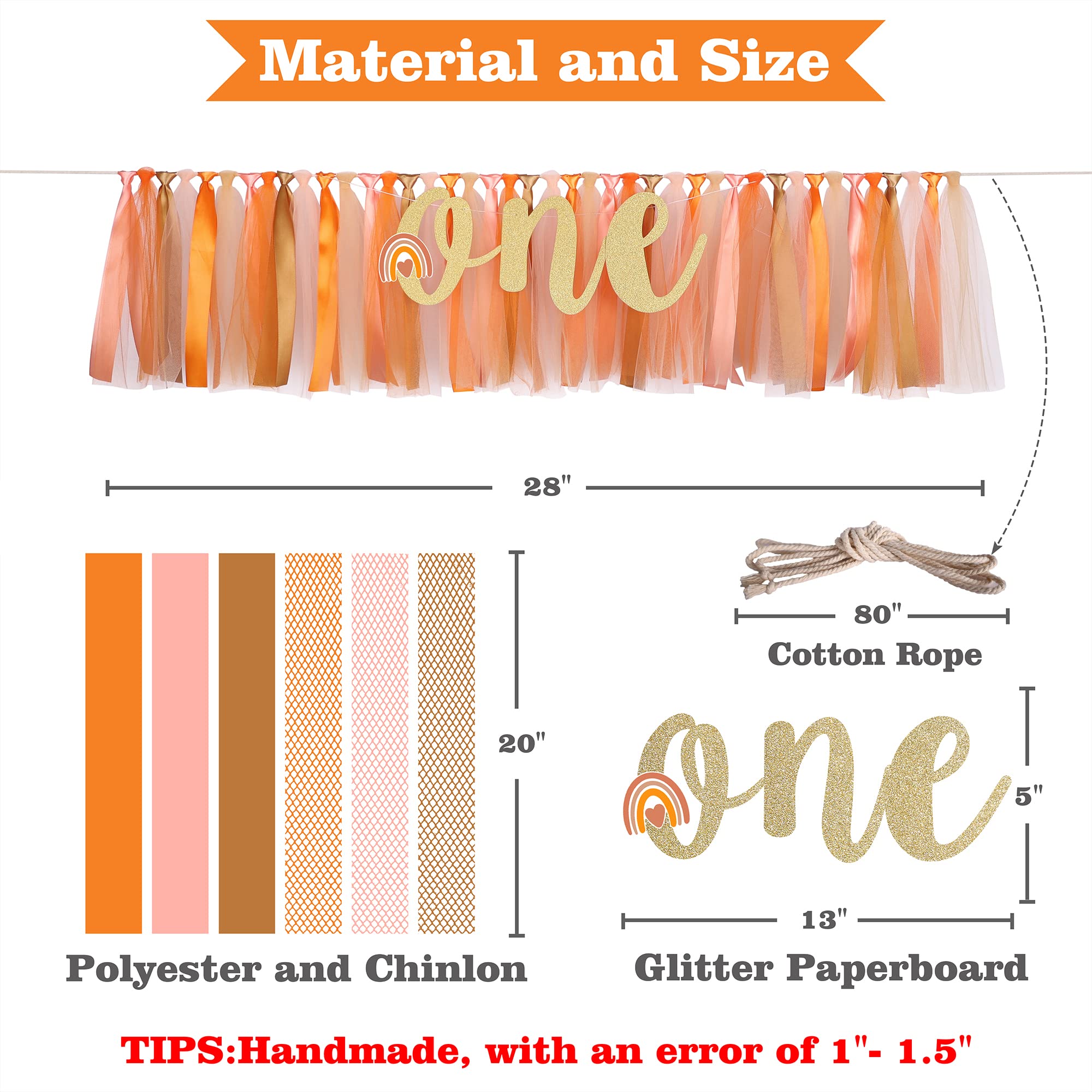 Boho Rainbow Highchair Banner Decoration For Baby - 1St First Birthday Banner, High Chair Fabric Garland Party Supplies, Orange