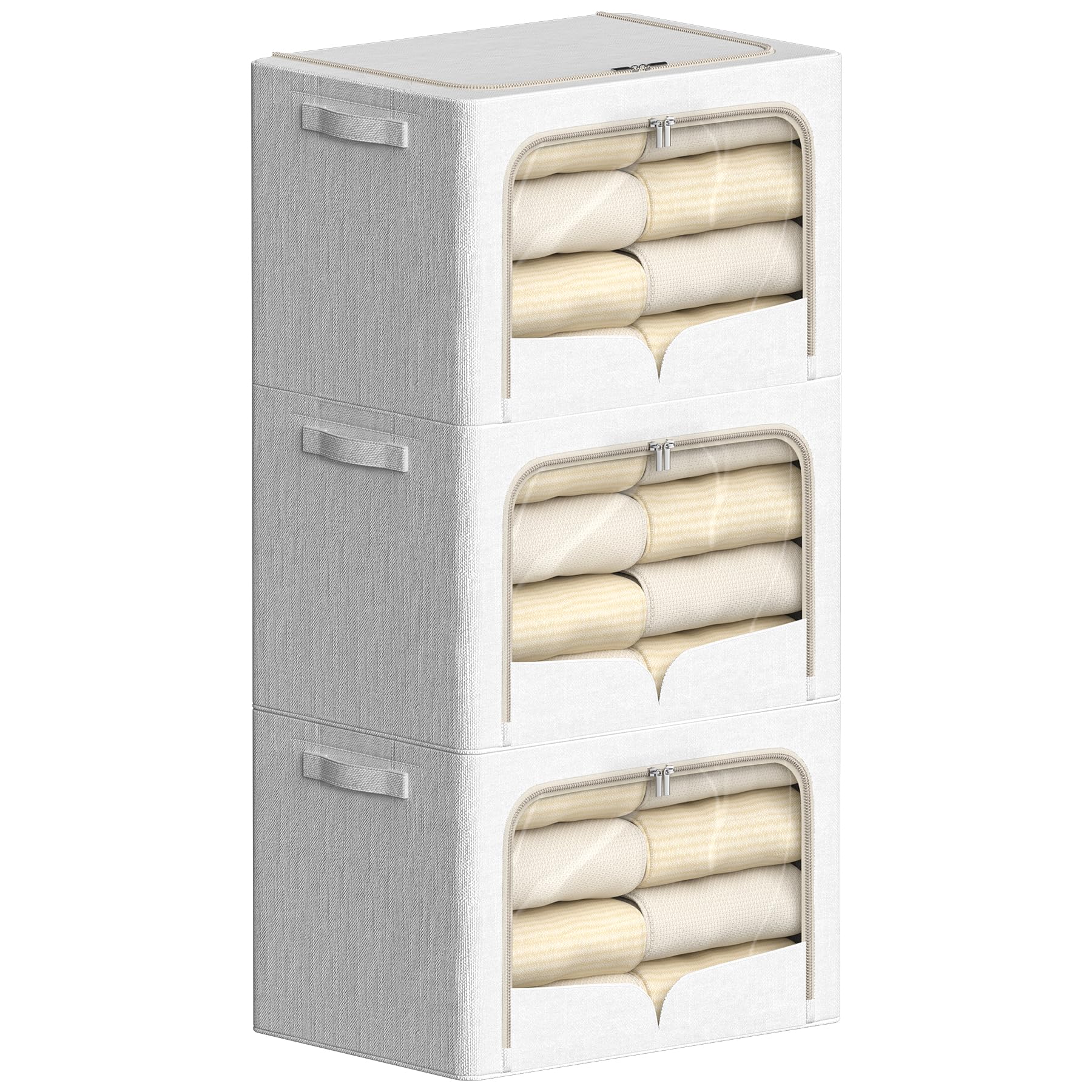 3 Pack Clothes Storage Bins - Foldable Metal Frame Storage Box - Stackable Linen Fabric Container Organizer Set with Carrying Ha