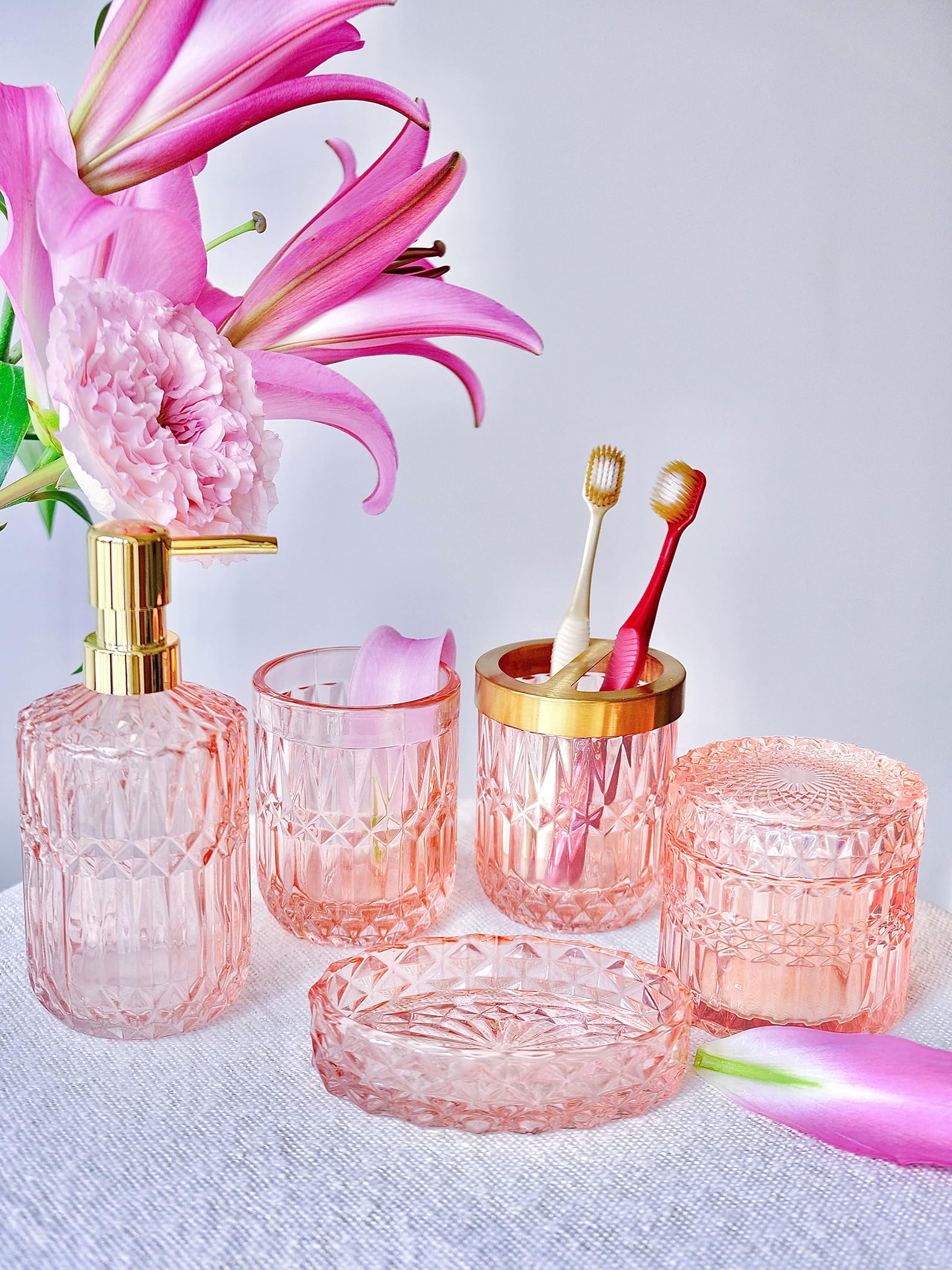 Lamarriti Pink Bathroom Accessories, 5Pcs Glass Bathroom Accessories Set, Soap Dispenser Set, Soap Dish, Tumbler, Cotton Swab Ja