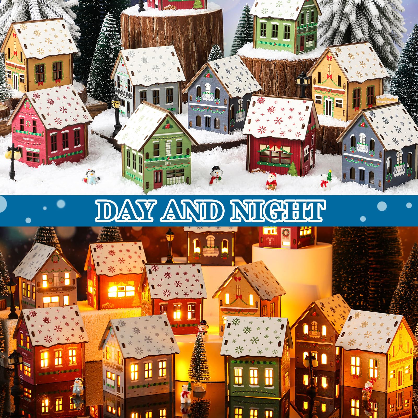 Lunmon 29 Pcs DIY Christmas Village Sets 12 Pcs Wood Village Houses Xmas Scene Figurines Decoration Mini Tree Desktop Ornament f