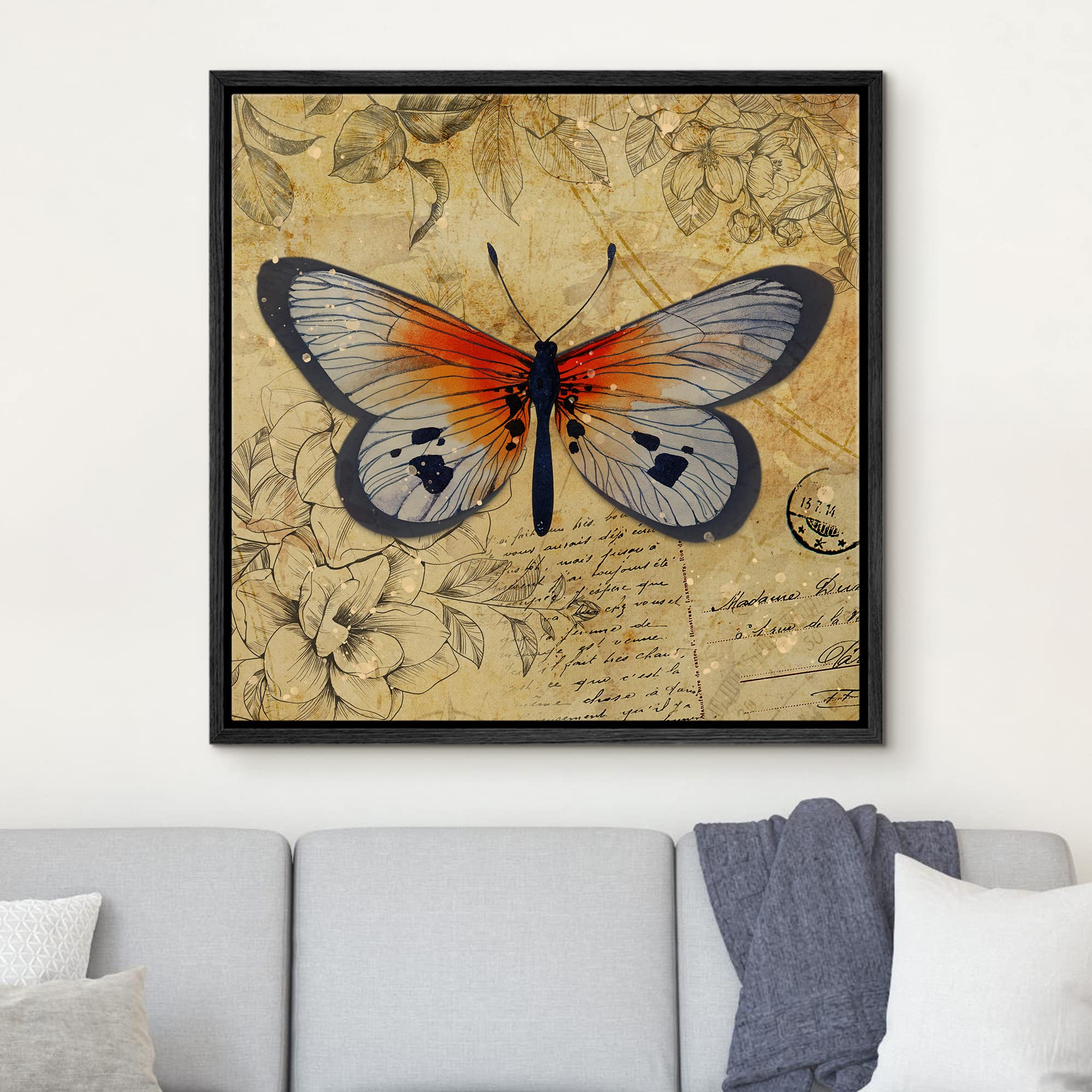 Wall26 Framed Canvas Print Wall Art Orange Monarch Butterfly Floral Pattern Nature Wilderness Rustic Modern Art Farmhouse Decora