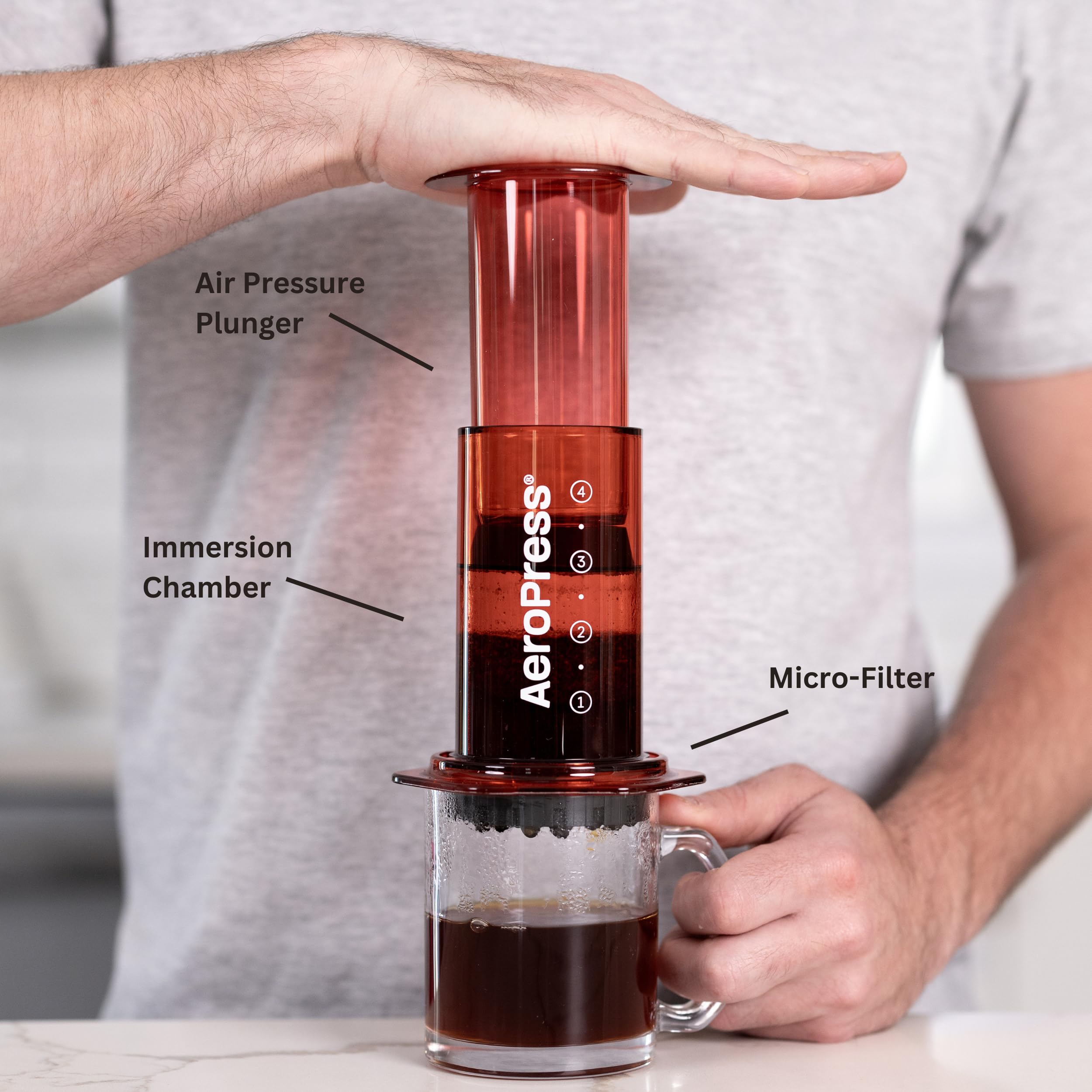 Aeropress Clear Red Coffee Press - 3 In 1 Brew Method Combines French Press, Pourover, Espresso, Full Bodied Coffee Without Grit