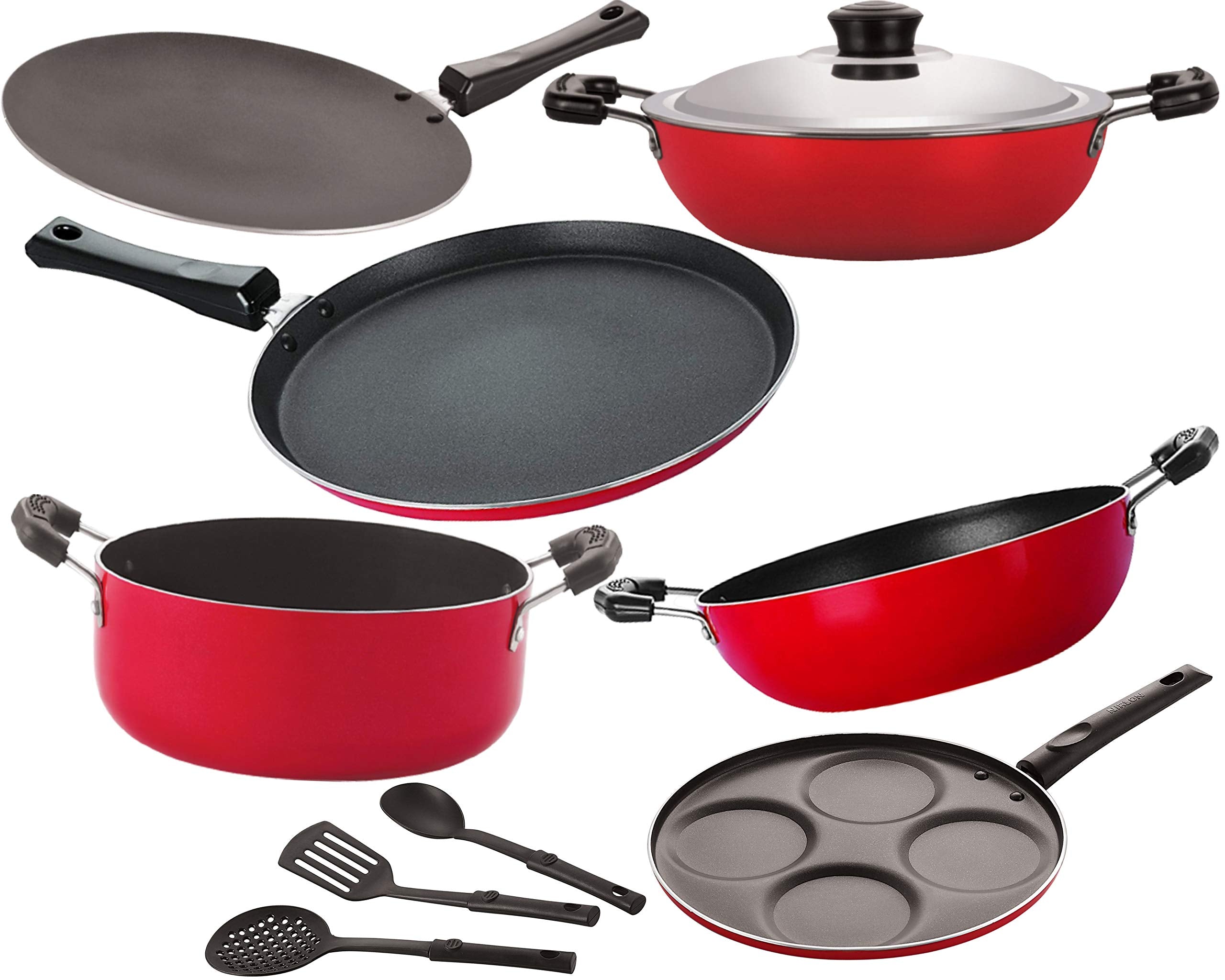 Nirlon Nonstick Aluminium Non Induction Cookware Set 9 Pieces [26_Ct_Kd12_Dkdm_Ft10_Cass20_Up4_3Spn]