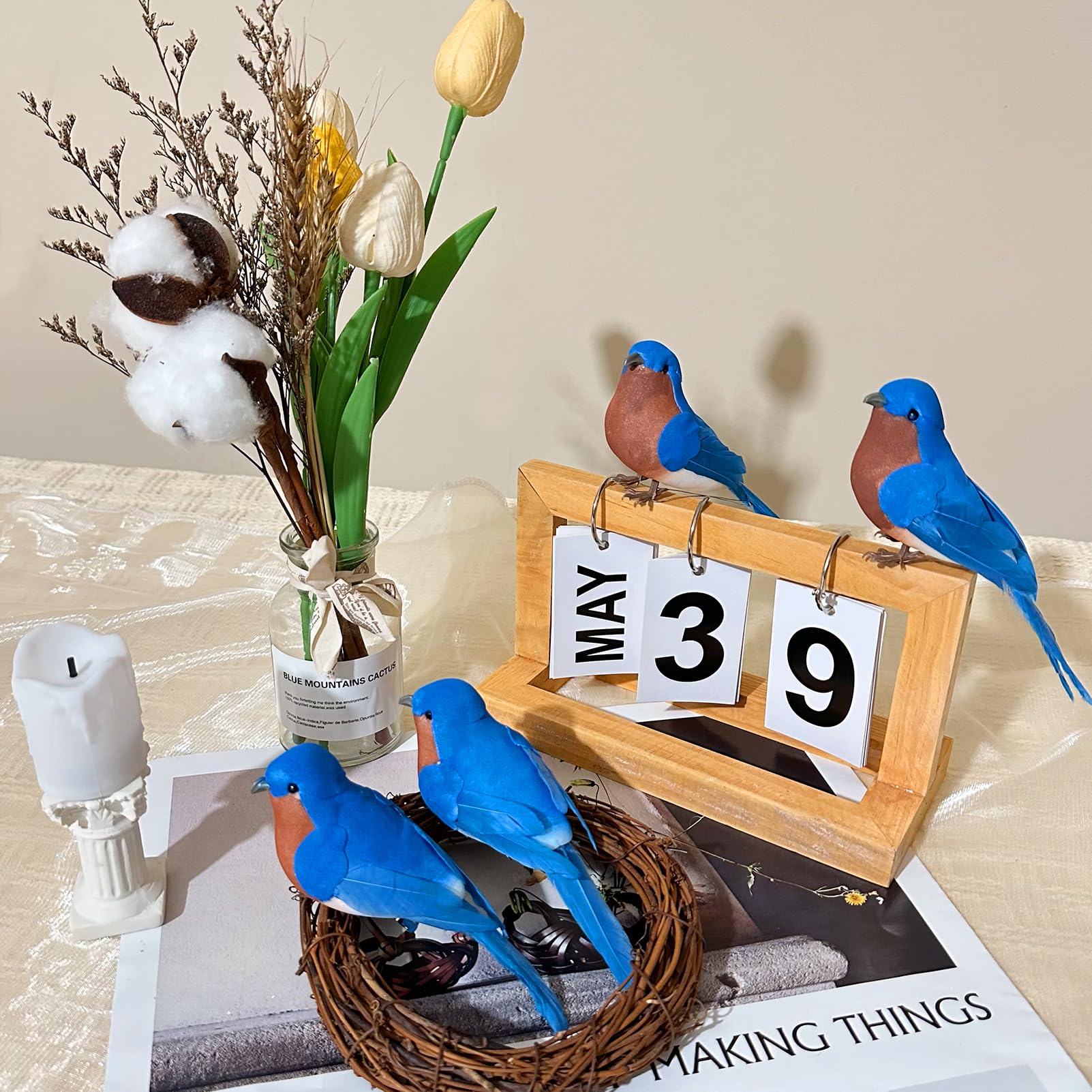 LWINGFLYER Blue Birds Realistic Artificial Birds Ornaments Feathered Bird Model for Decoration Arts & Crafts Photo Props Floral