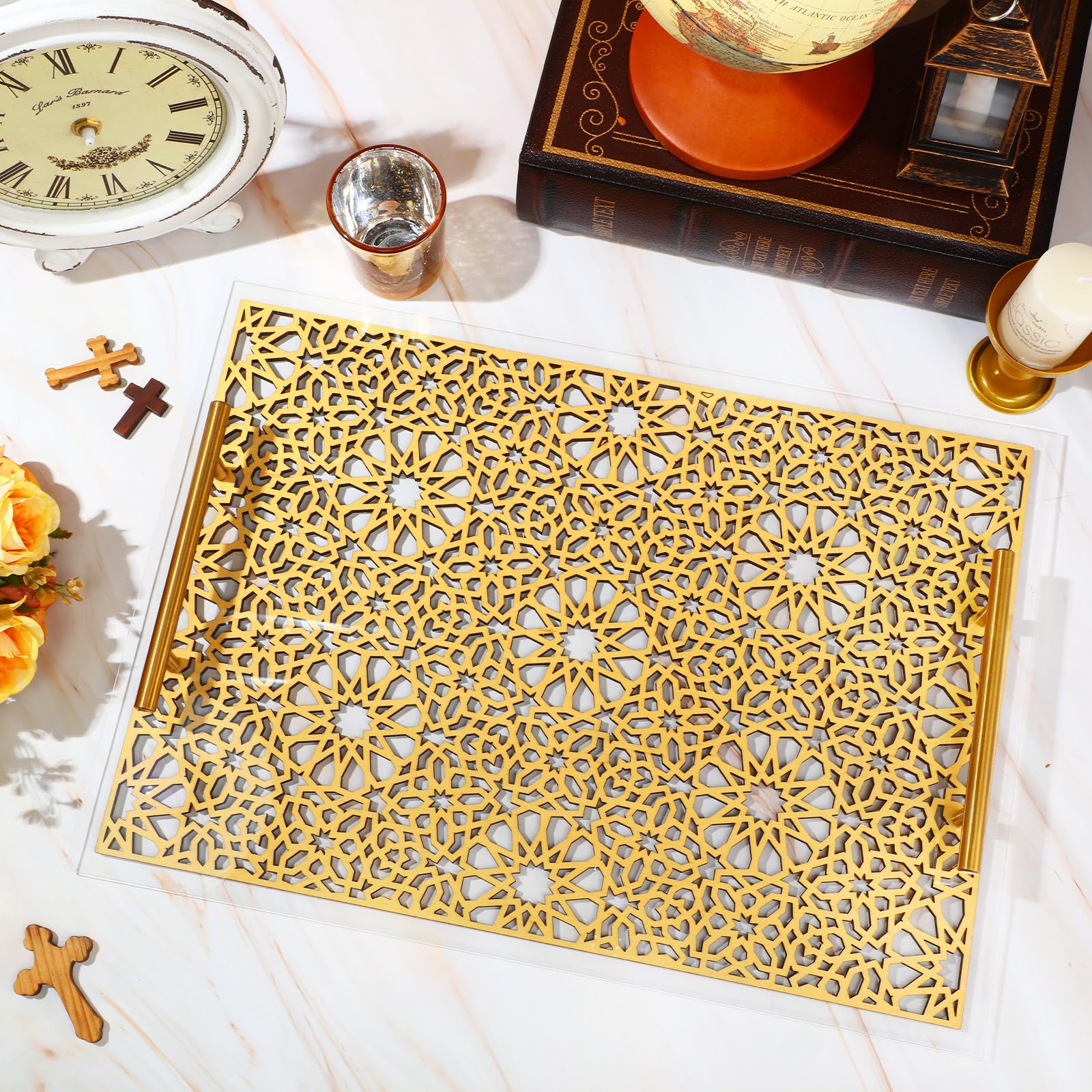 Silifine Ramadan Serving Trays, 17'' X 12'' Decorative Gold Serving Trays With Handles, Home Rectangle Food Serving Trays For Co