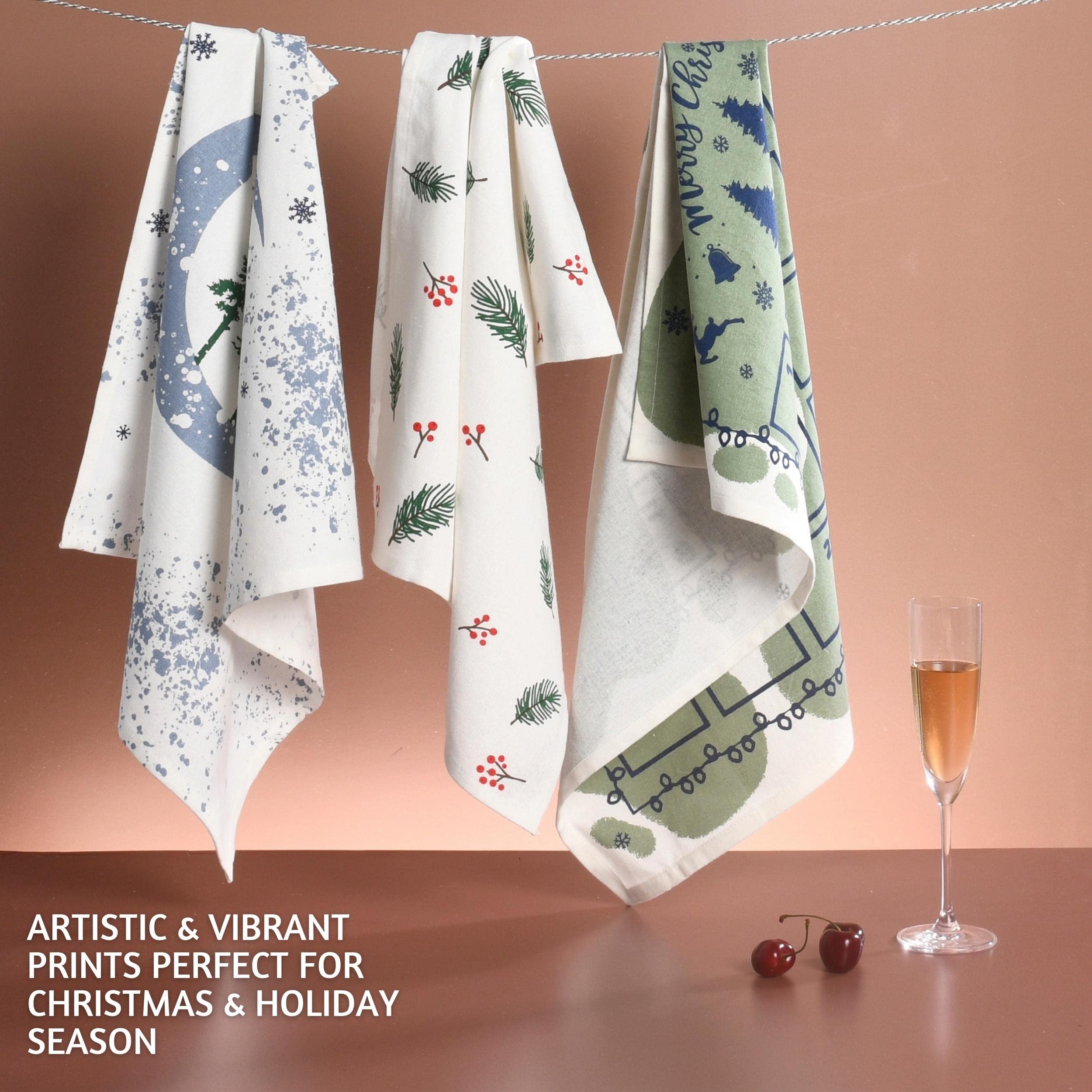 Folkulture Kitchen Towels With Hanging Loop, Set Of 3-100% Cotton Kitchen Towels And Dishcloths Sets, Farmhouse Dish Towels Or T