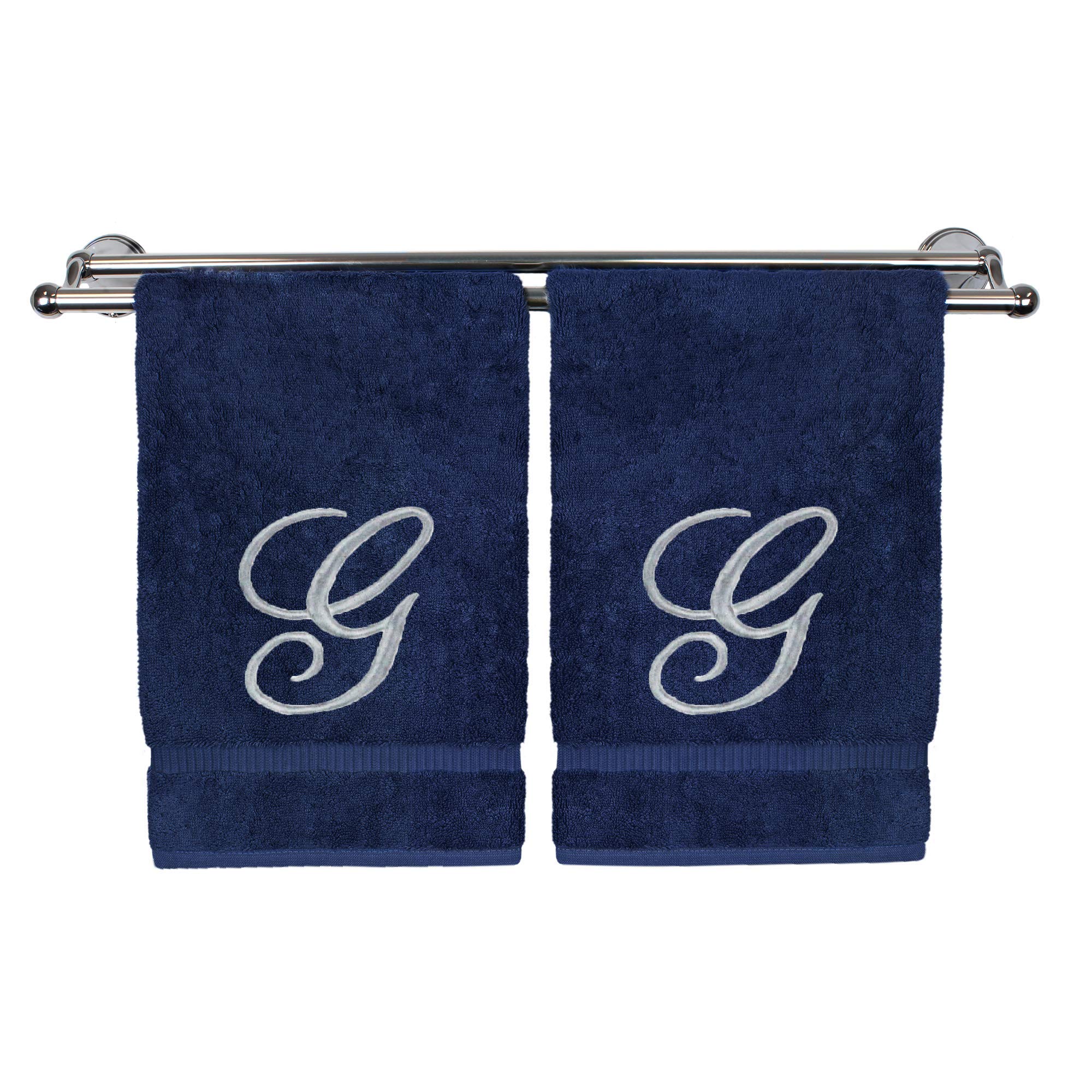 Bc Bare Cotton Monogrammed Hand Towel, Navy, 16 X 30 Inches - Set Of 2, Extra Absorbent 100% Turkish Cotton, Soft Terry Finish,