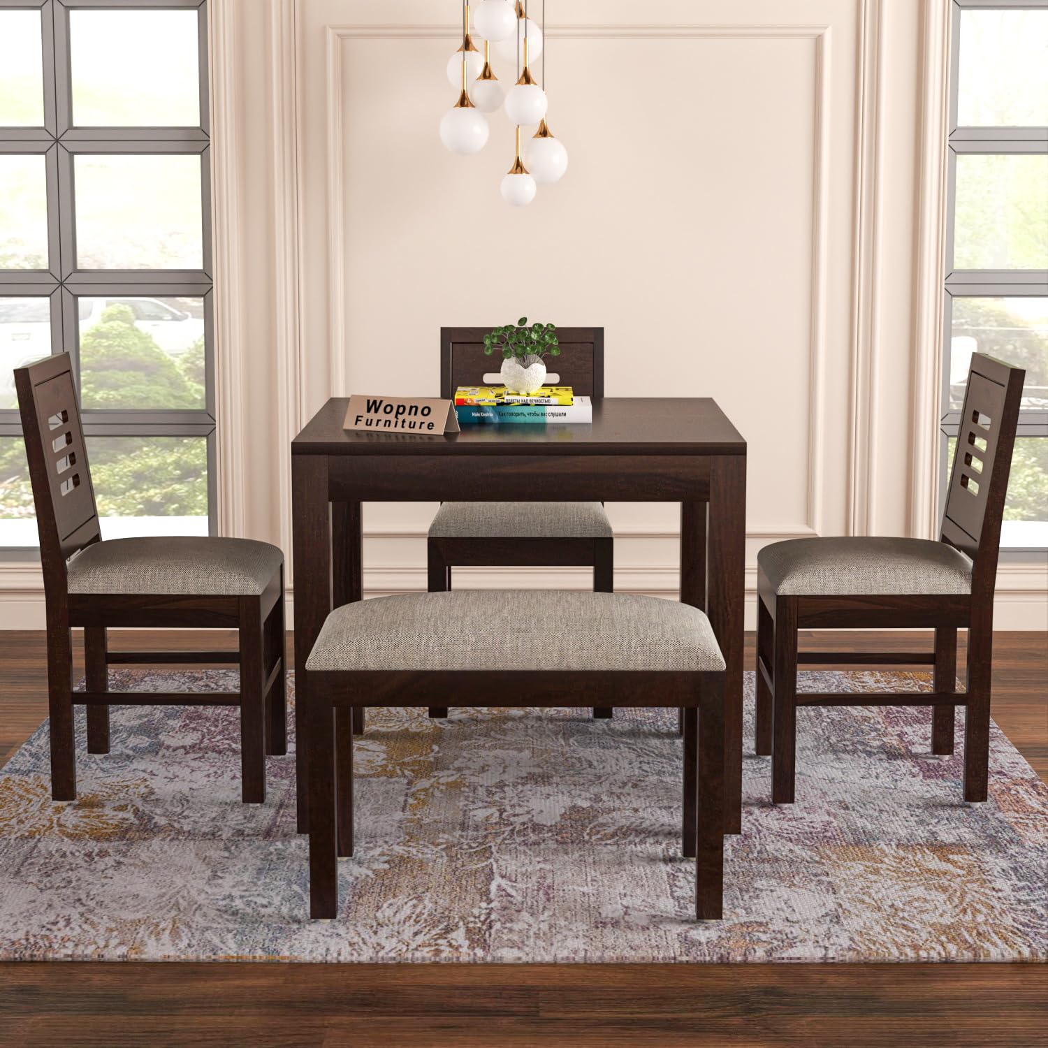 Wopno Furniture Solid Sheesham Wood 3 Chair With 1 Bench Dining Table Set With Cushioned Chairs For Dining Room | Living Room | 