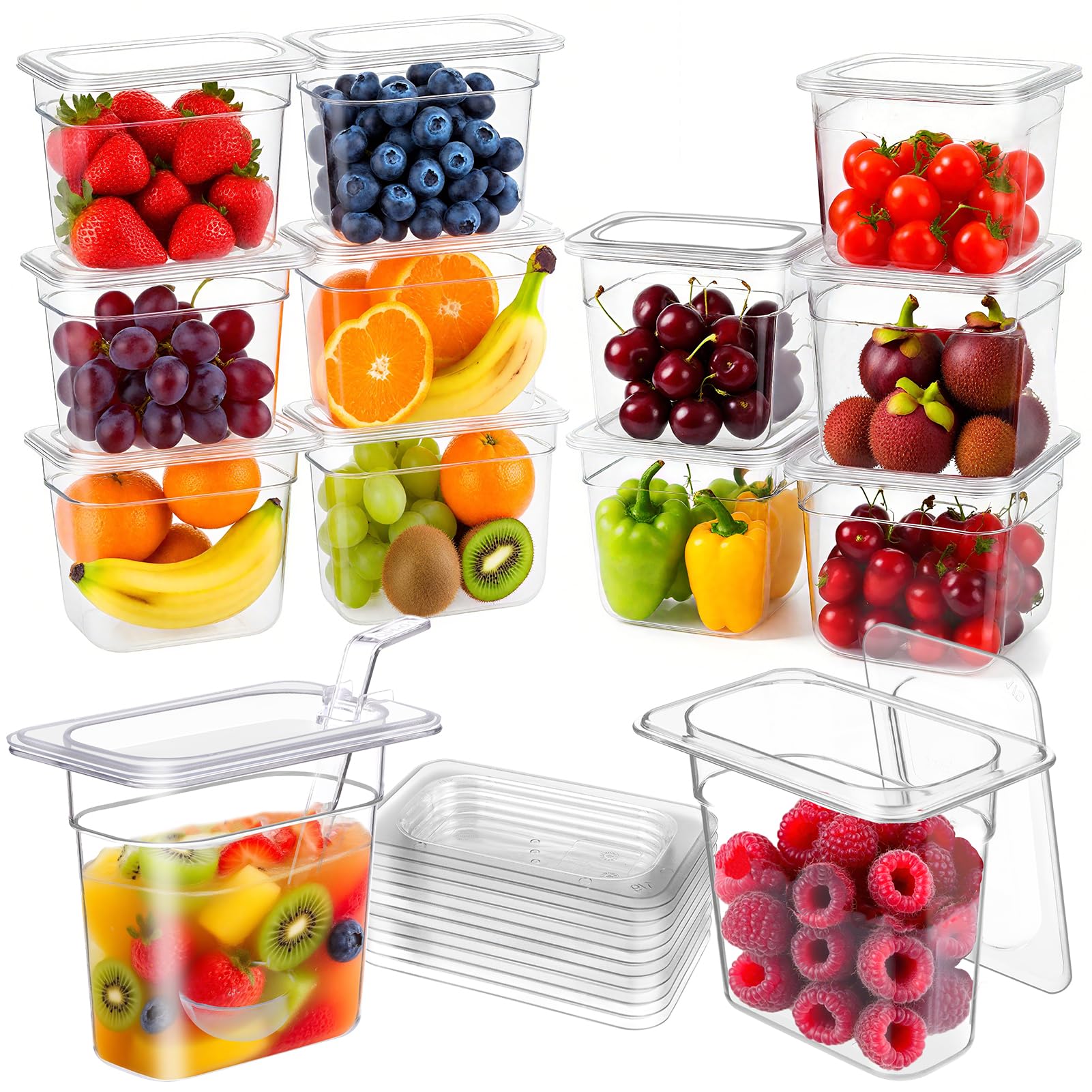 PYQTH 12 Pack Plastic Clear Food Pans with Lids, 1/9 Size 6 Deep Commercial Stackable Polycarbonate Pans Hotel Food Storage Pa
