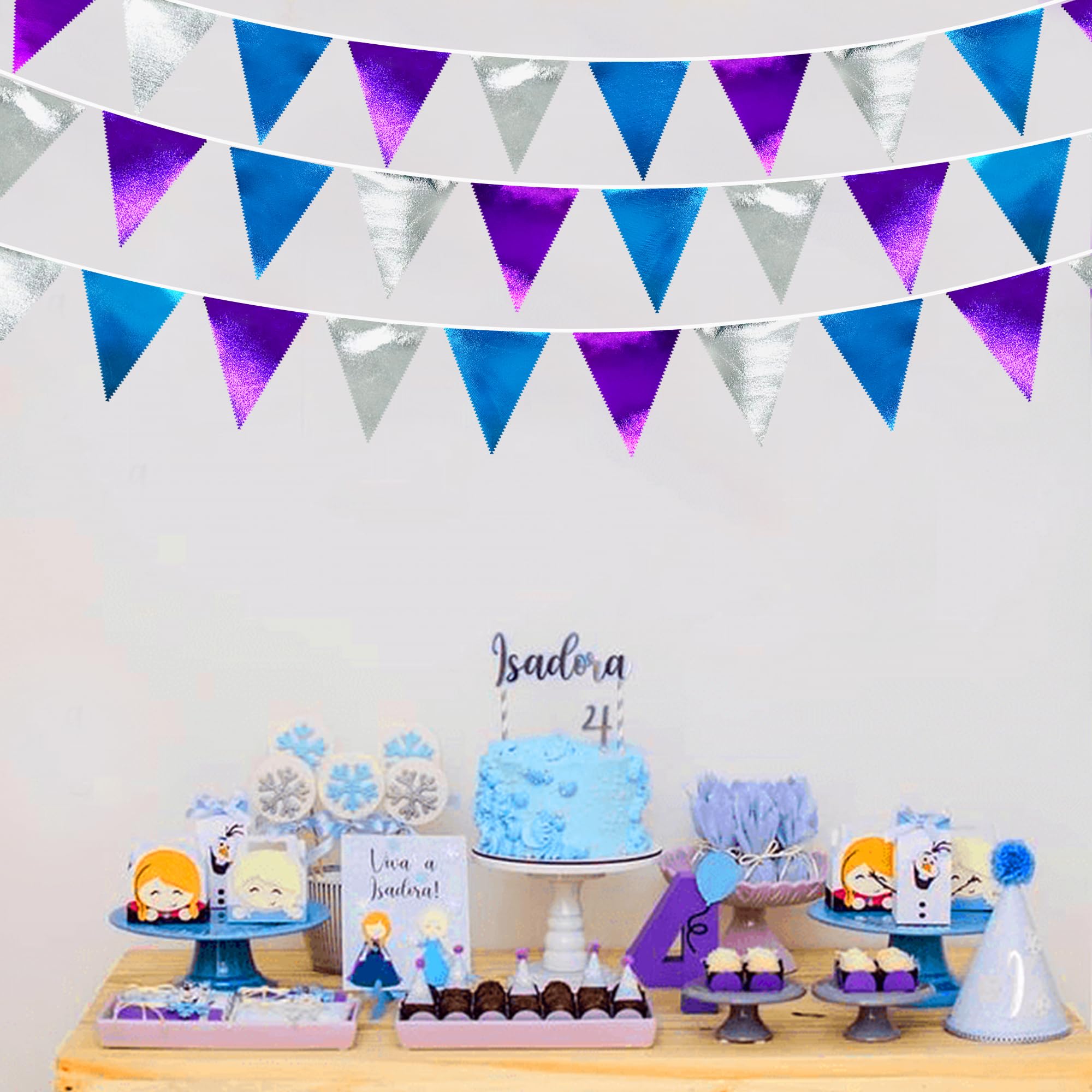 Frozen Party Decoration Purple Blue Silver Metallic Fabric Triangle Pennant Banner Flag Bunting Garland For Frozen Winter Wonder