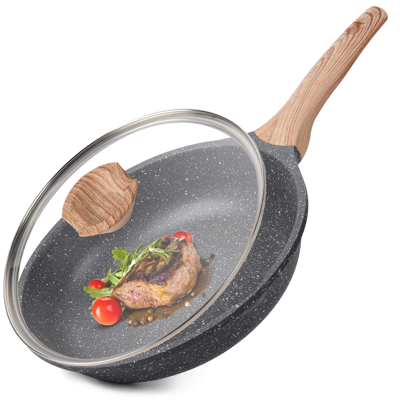 caannasweis Nonstick Pan with Lid, Nonstick Stone Frying Pan, Best Nonstick Omelette Skillet with Soft Touch Handle, Induction c