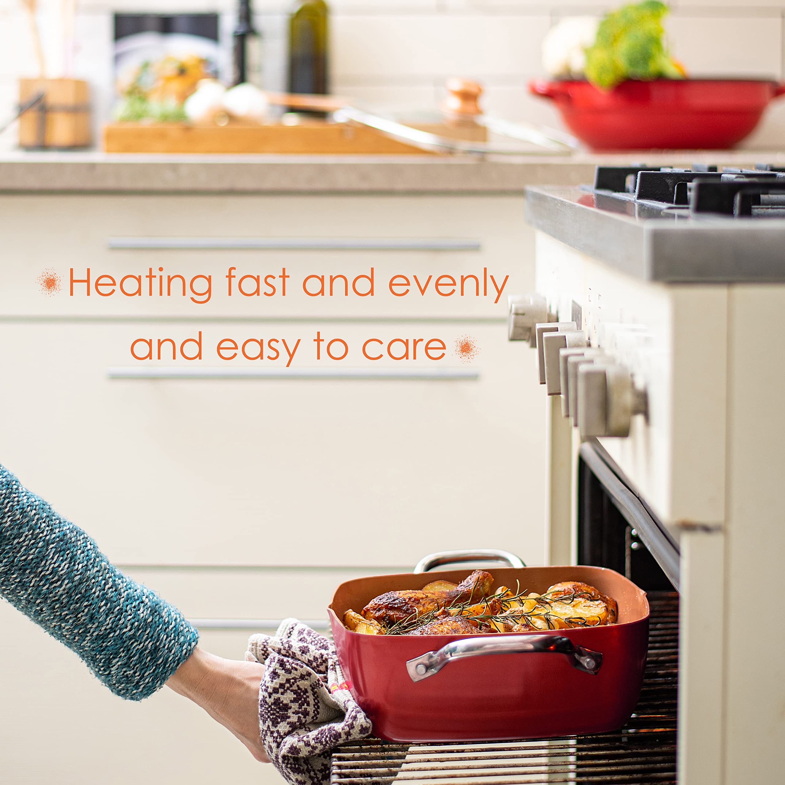 Moss & Stone Copper 5 Piece Set Chef Cookware, Non Stick Pan, Deep Square Pan, Fry Basket, Steamer Tray, Dishwasher & Oven Safe,