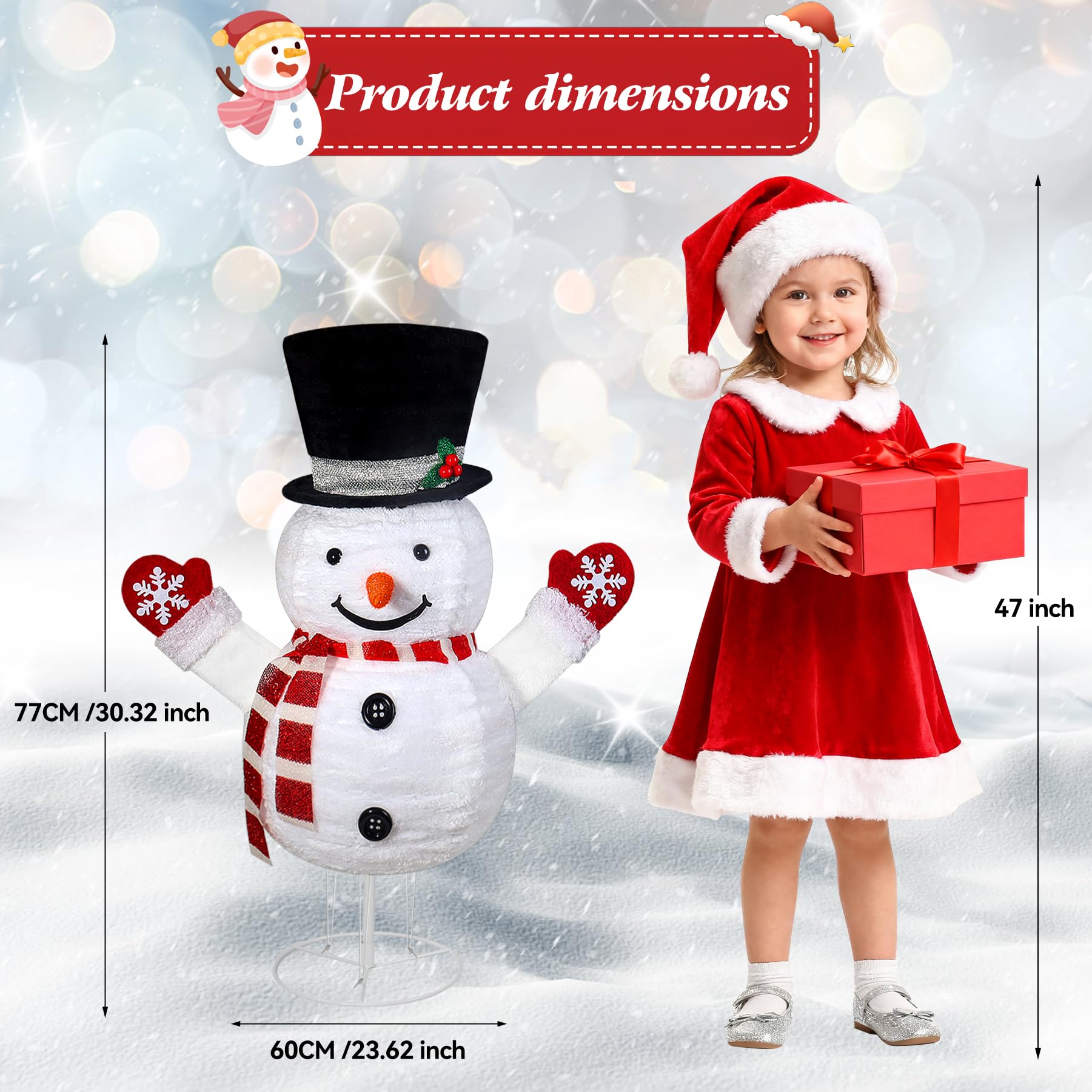 Hogrance 30.32 Inch Lighted Snowman Decorations, Battery Operated Christmas Lights for Porch Patio Yard, Waterproof Collapsible