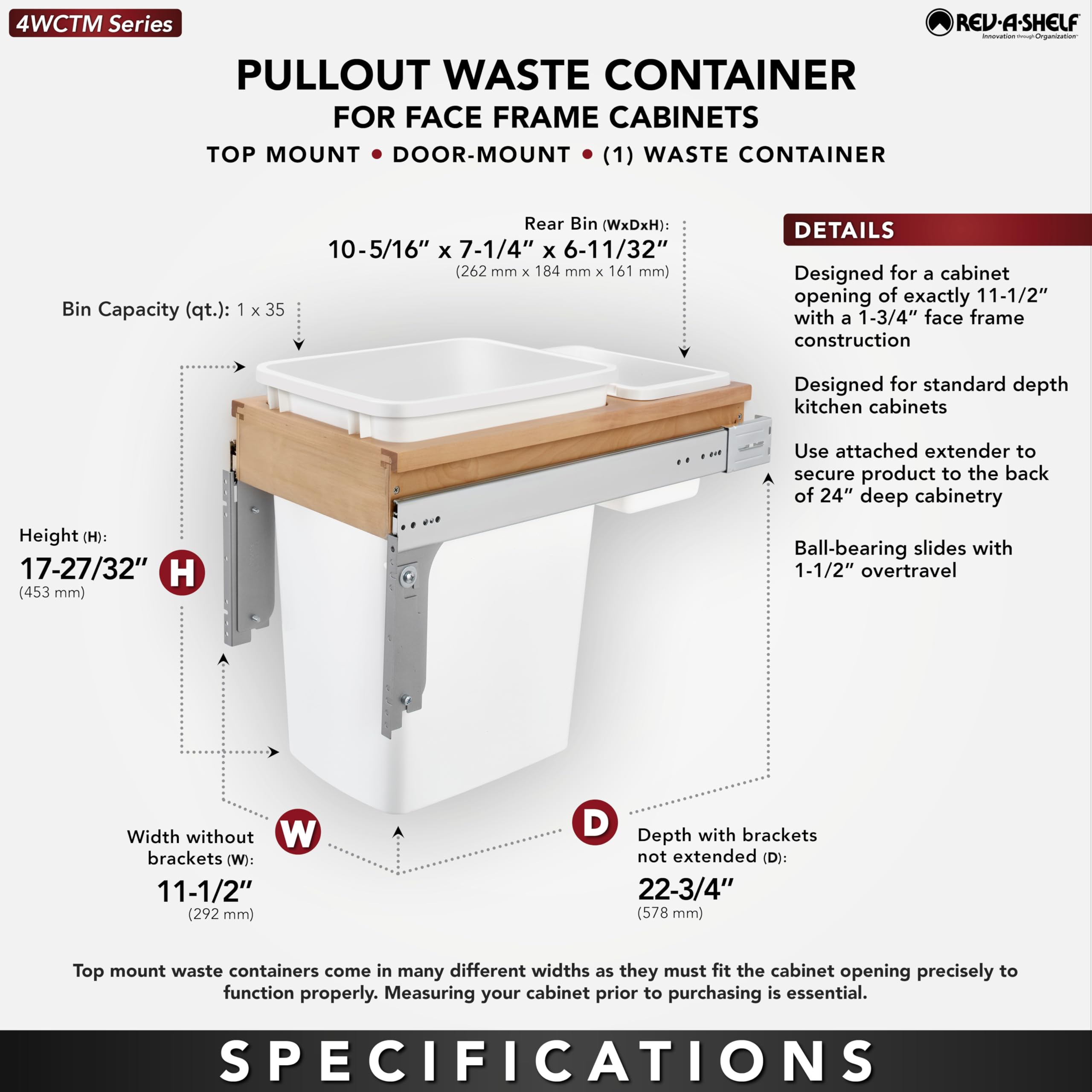 Rev-A-Shelf Single Pullout Under Cabinet 35 Quart Kitchen Trash Cans With Full-Extension Slides And 135 Pounds Capacity, 4Wctm-1
