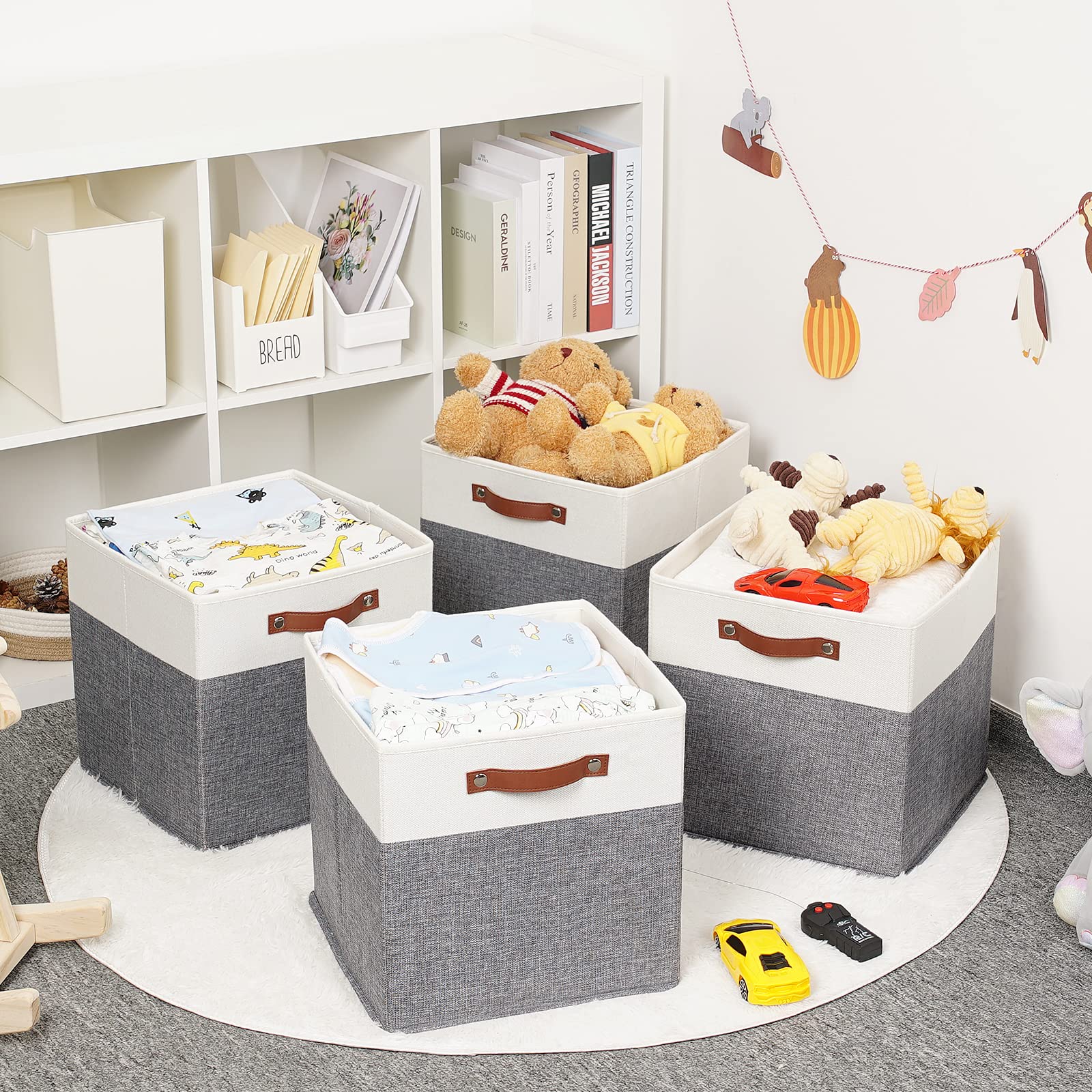 Hnzige Foldable Storage Bins 13X13 Storage Cubes Set Of 4 Fabric Linen Storage Baskets For Shelves Drawer With Handles Organizer