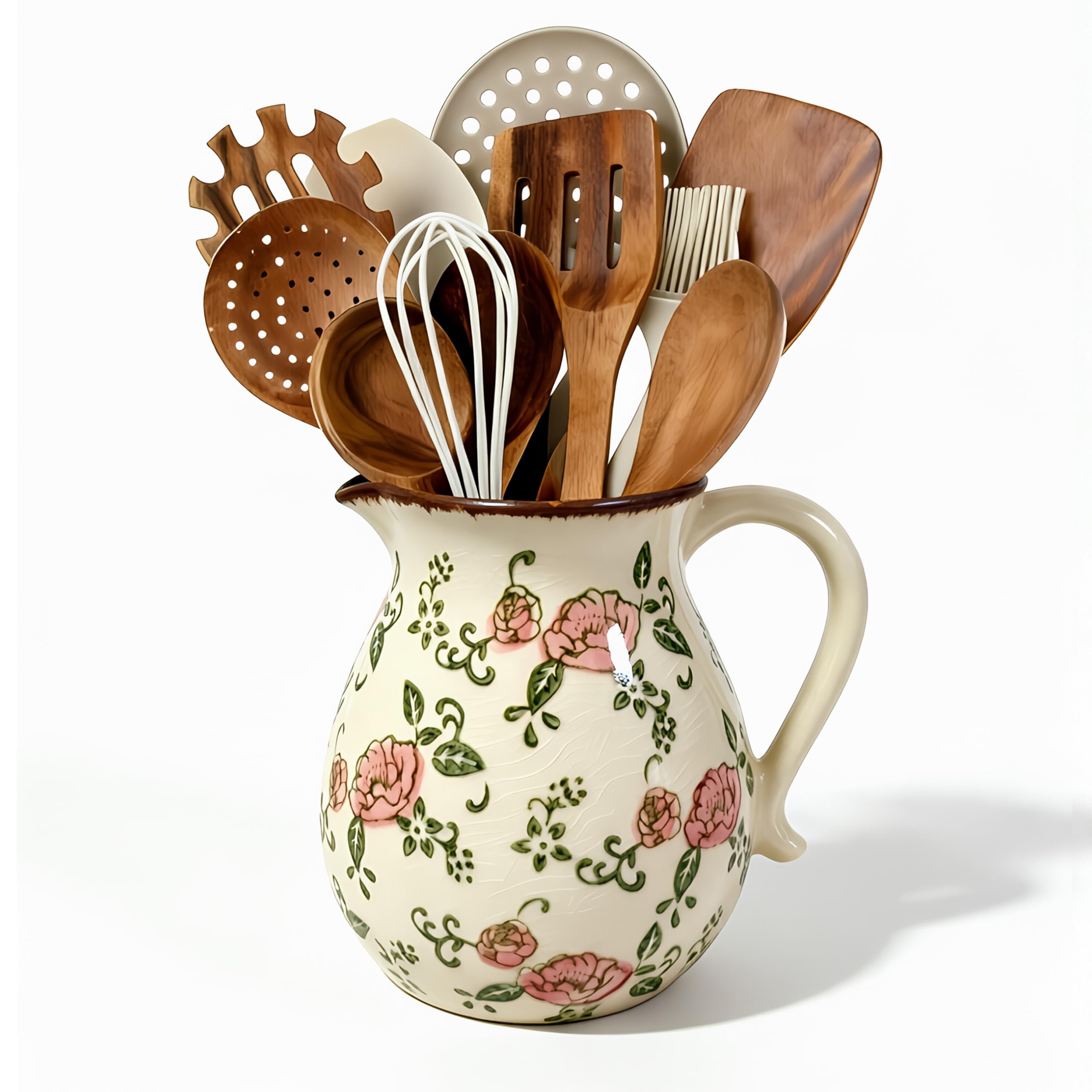 Ceramic Utensil Holder Red Rose 6.1 Rustic Farmhouse Kitchen Counter Crock