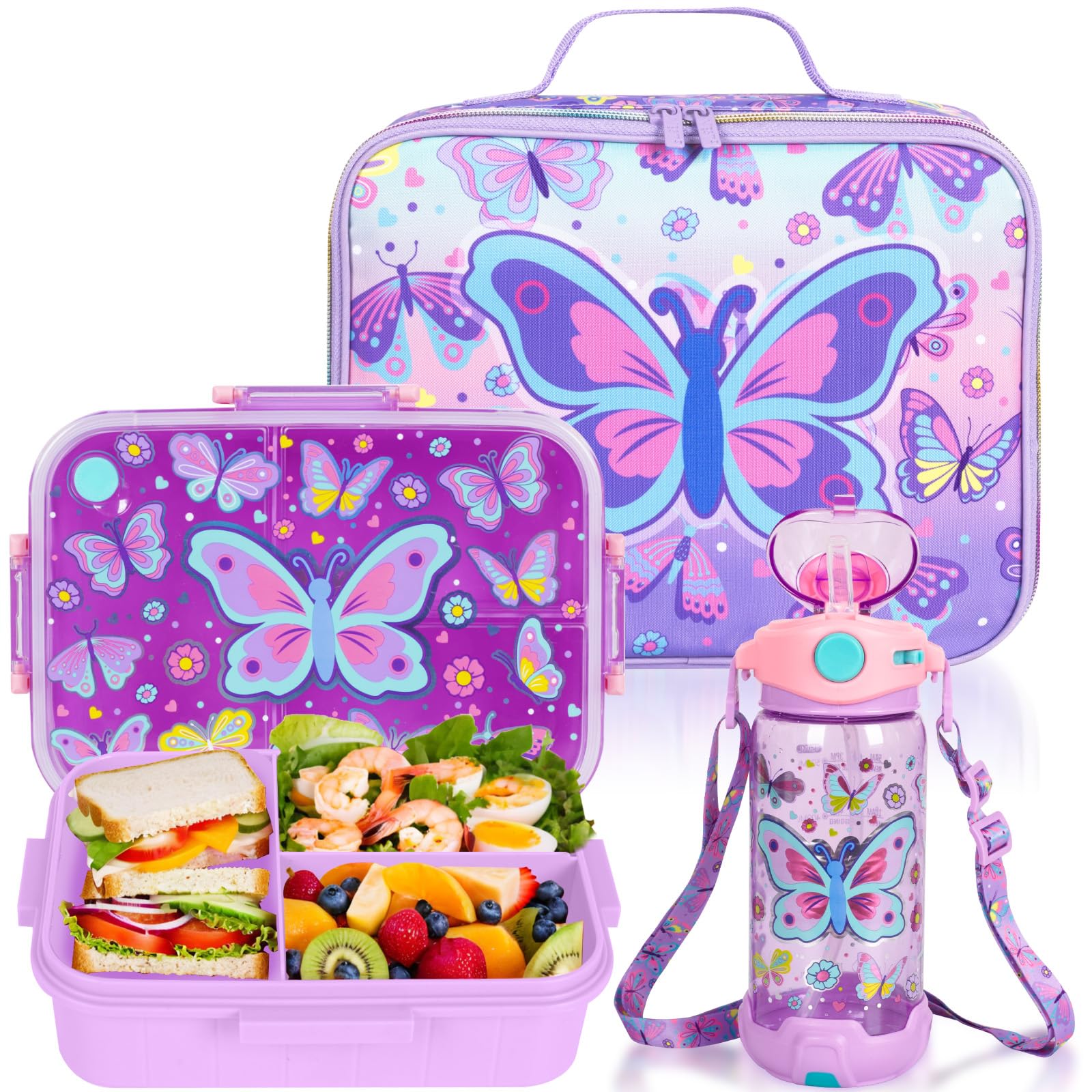 Kids Bento Lunch Box Set with 1200ml LeakProof Lunch Containers with 3 Compartments, 22oz BPAFree Water Bottle, Insulated Lunc