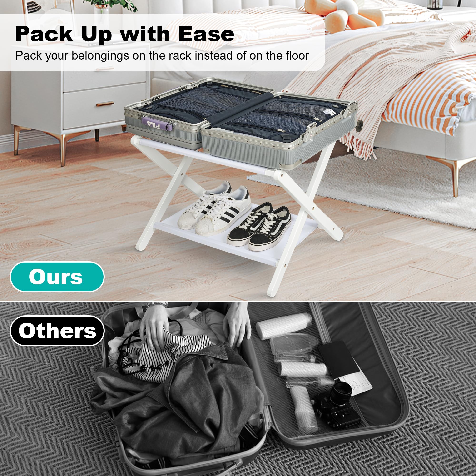 Vasmia Luggage Rack, Folding Suitcase Stand With Storage Shelf Set Of 2, Bamboo Luggage Stand For Guest Room,Bedroon And Hotel,H