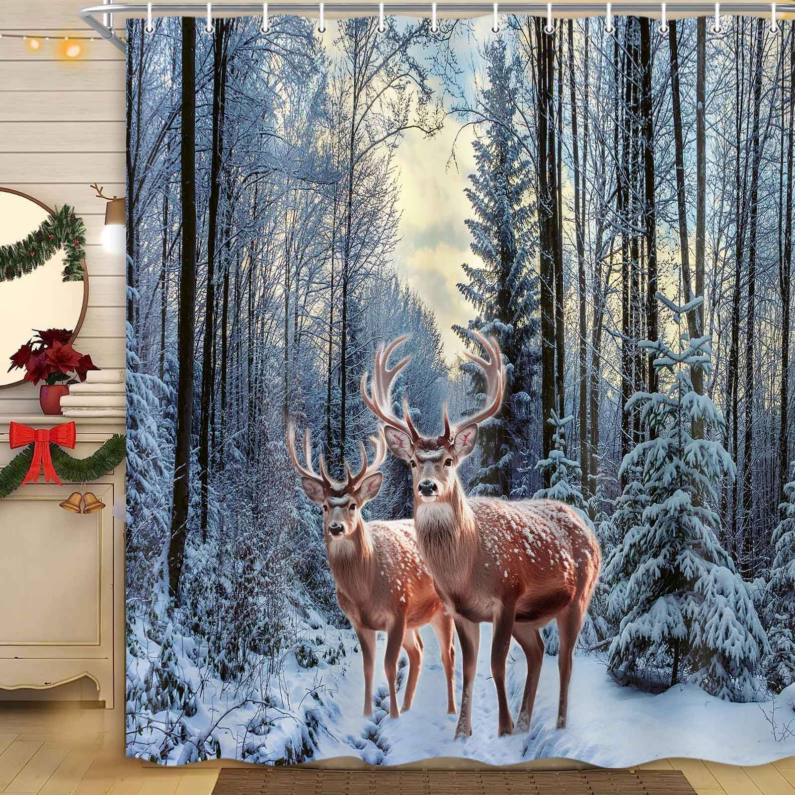 Merchr Winter Snow Forest Shower Curtain, Christmas Pine Tree Deer Snowflake Shower Curtain For Bathroom, Xmas Holiday Decor Rus