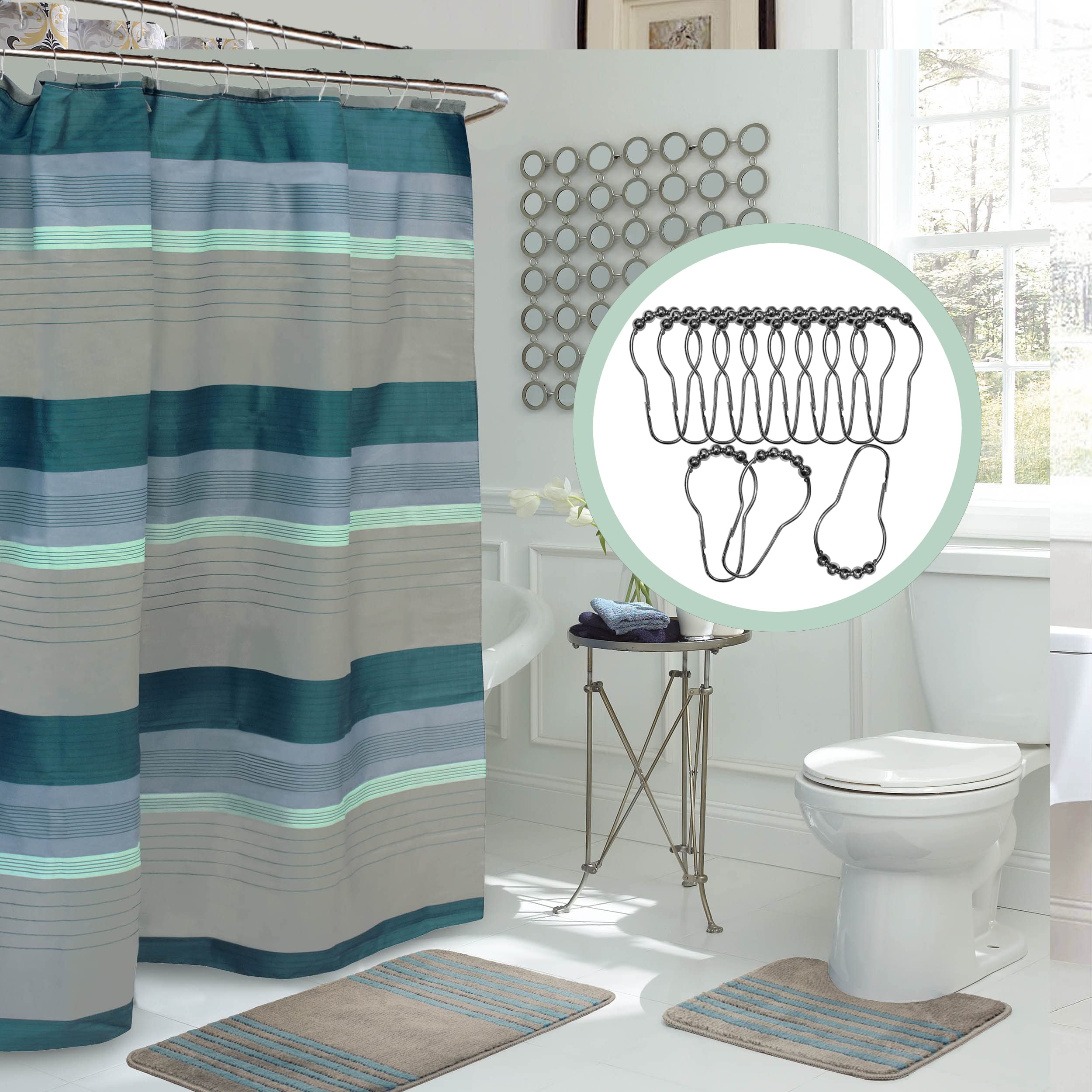 Creative Home Ideas Bath Fusion Shower Curtain Set, 72''X72'', Regent Denim Blue/Grey