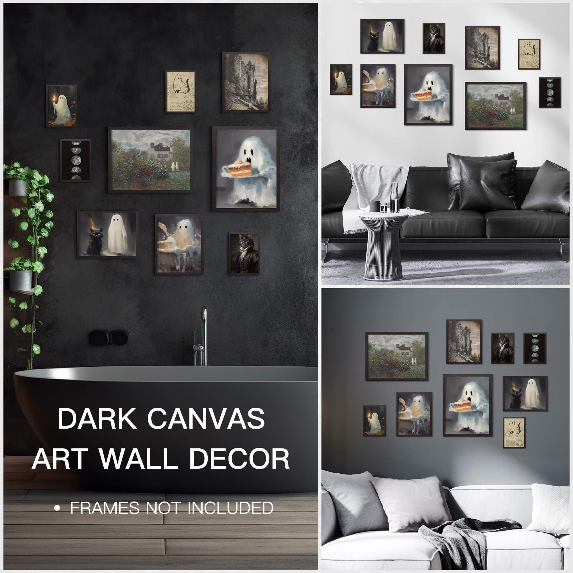 Putuo Decor Ghost Decor, 9Pcs Ghost Prints Wall Art Funny Black Cat Ghost Canvas Wall Decor, Dark Academia Room Decor, Creepy Ba