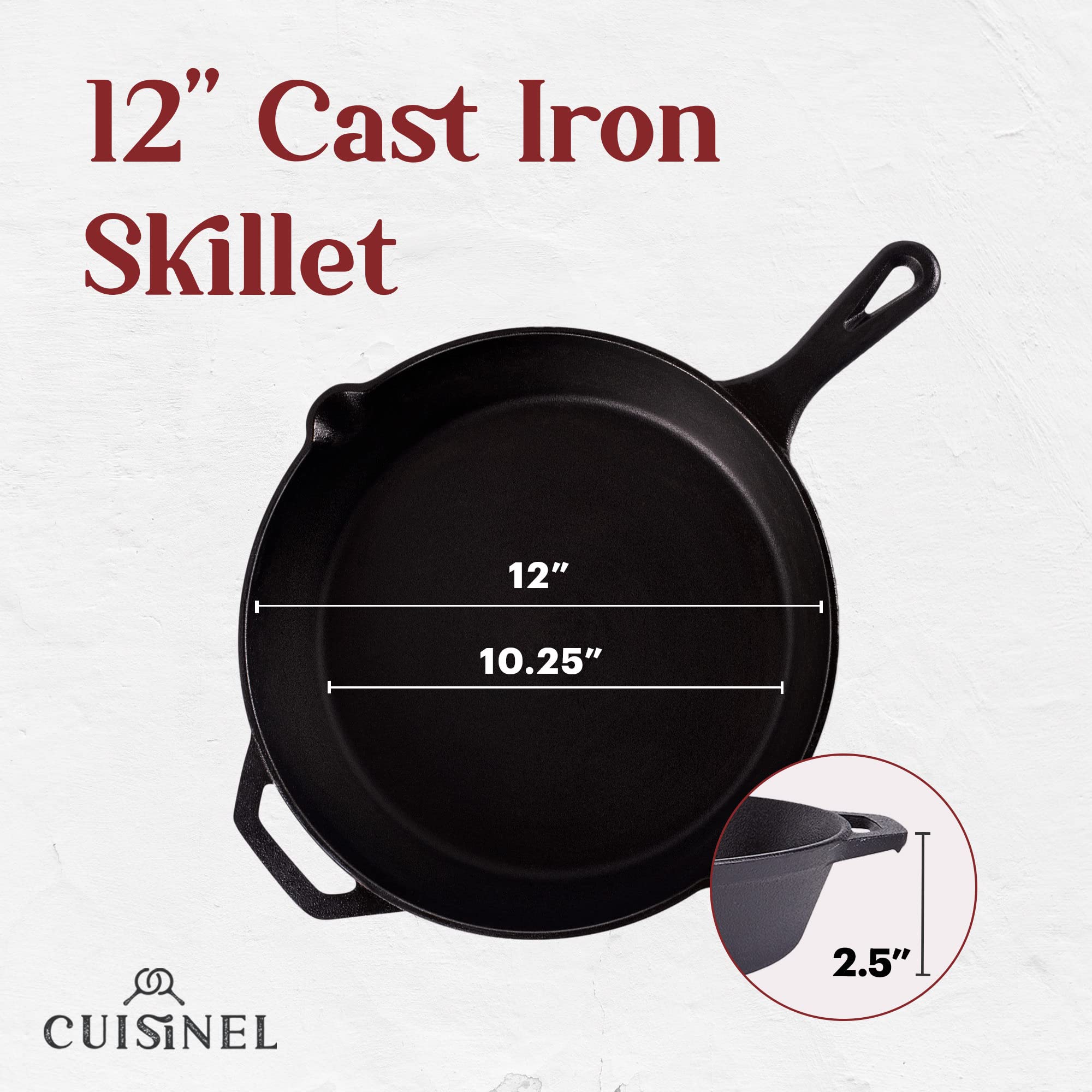 Cuisinel Cast Iron Skillet with Lid - 12''-Inch Frying Pan + Glass Lid + Heat-Resistant Handle Cover - Pre-Seasoned Oven Safe Cookware - Indoor/Outdoor Use - Grill  BBQ  Fire  Stovetop  Induction Safe