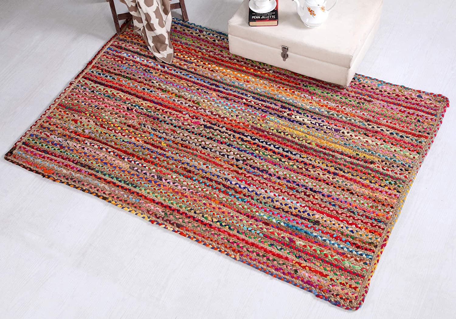 Housine Natural Yarn  Rustic Vintage Braided Reversible Rug Eco Friendly Rugs For Bedroom, Kitchen, Living Room, Farmhouse (Ju